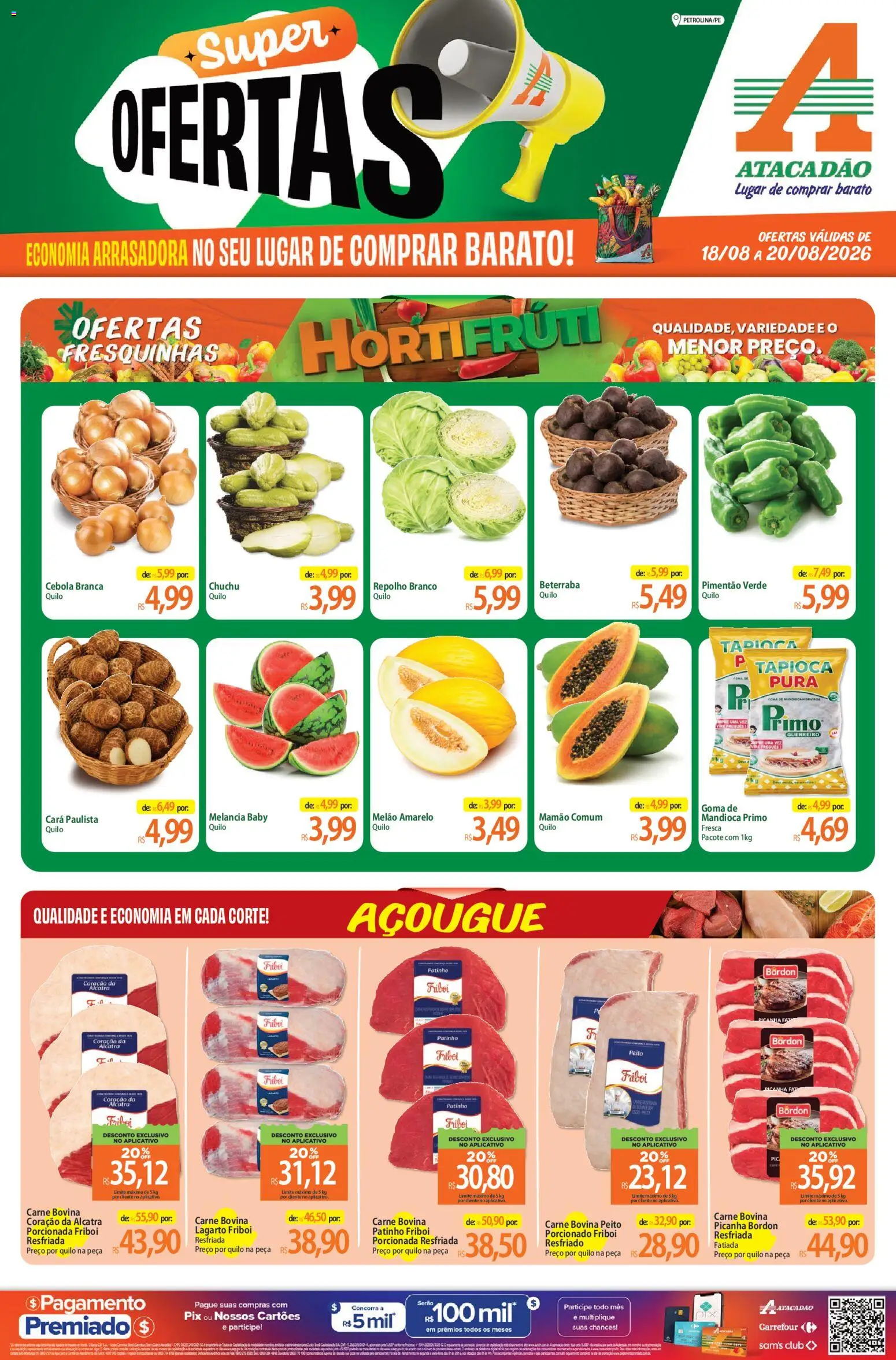 Pré-Visualização do folheto "Atacadão ofertas - PE" da loja Atacadão válido a partir de 18/08/2026 - Picanha, Carne, Beterraba, Melão, Carne bovina, Mamão, Cará, Pimentão