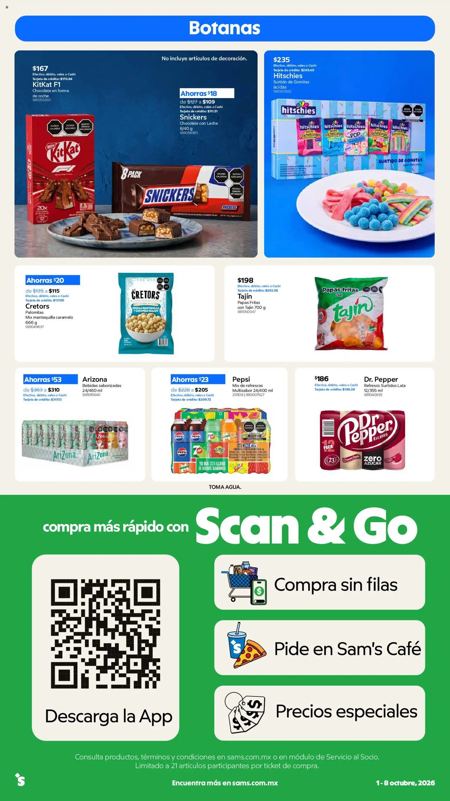 Vista previa las ofertas de la tienda Sam's Club - Sam's Club catálogo desde el 01/10/2026 - Chocolate, Papas, Gomitas, Palomitas, Mantequilla, Bebidas, Snickers, Refresco