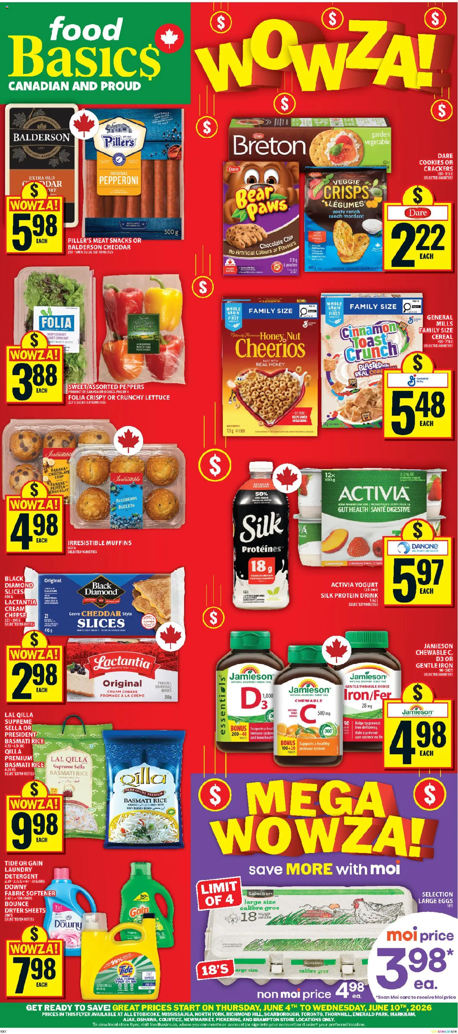 Preview of leaflet Food Basics weekly flyer - Ajax from shop Food Basics is valid from Jun 04, 2026 - Cookies, Chocolate, Muffins, Iron, Sugar, Cream, Protein drink, Crisps