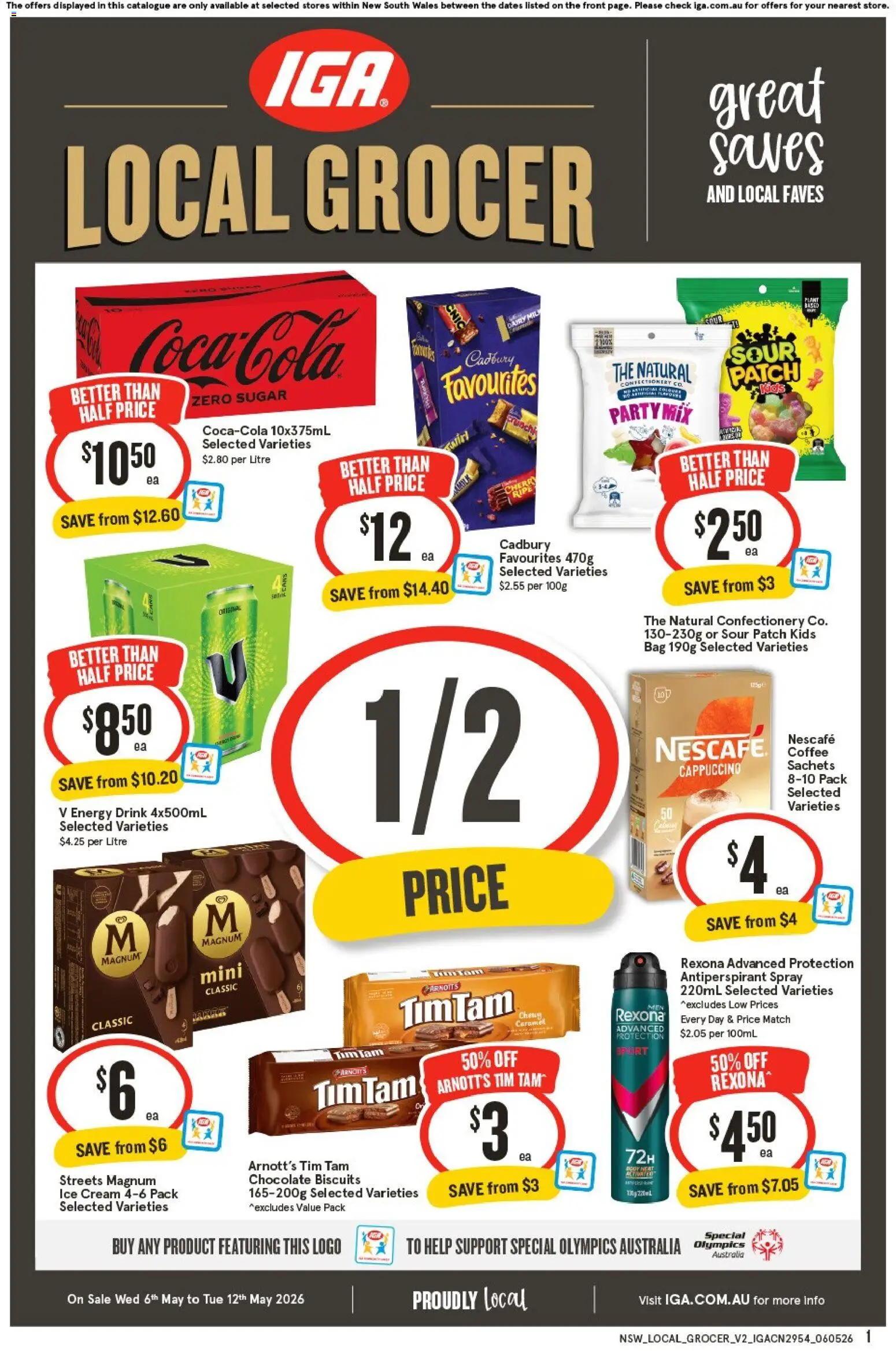 Preview of catalogue IGA Local Grocer NSW from shop IGA valid 06/05/2026 - Dairy, Energy drink, Coffee, Antiperspirant, Sachets, Cream, Biscuits, Magnum