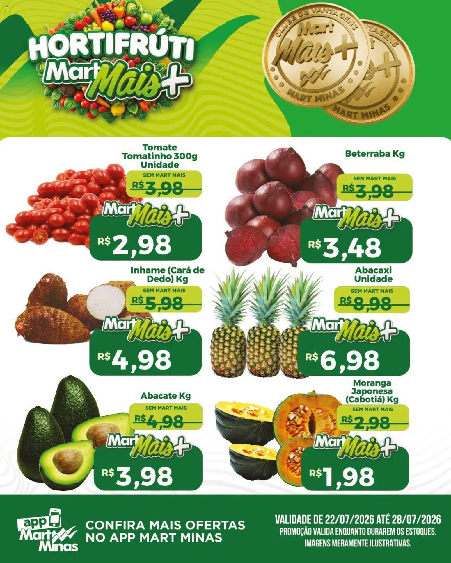 Pré-Visualização do folheto "Mart Minas ofertas Hortifruti" da loja Mart Minas válido a partir de 22/07/2026 - Moranga, Inhame, Abacaxi, Beterraba, Tomate, Abacate, Cará
