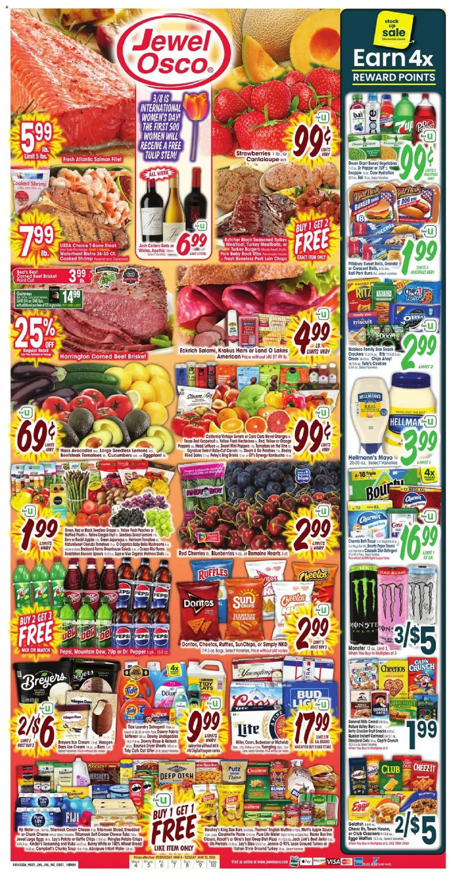 Ad Preview of Jewel Osco Jewel Osco Weekly Ad from 03/04/2026 - Pizza, Ice, Strawberries, Cherries, Lemons, Peppers, Beef, Grapefruit