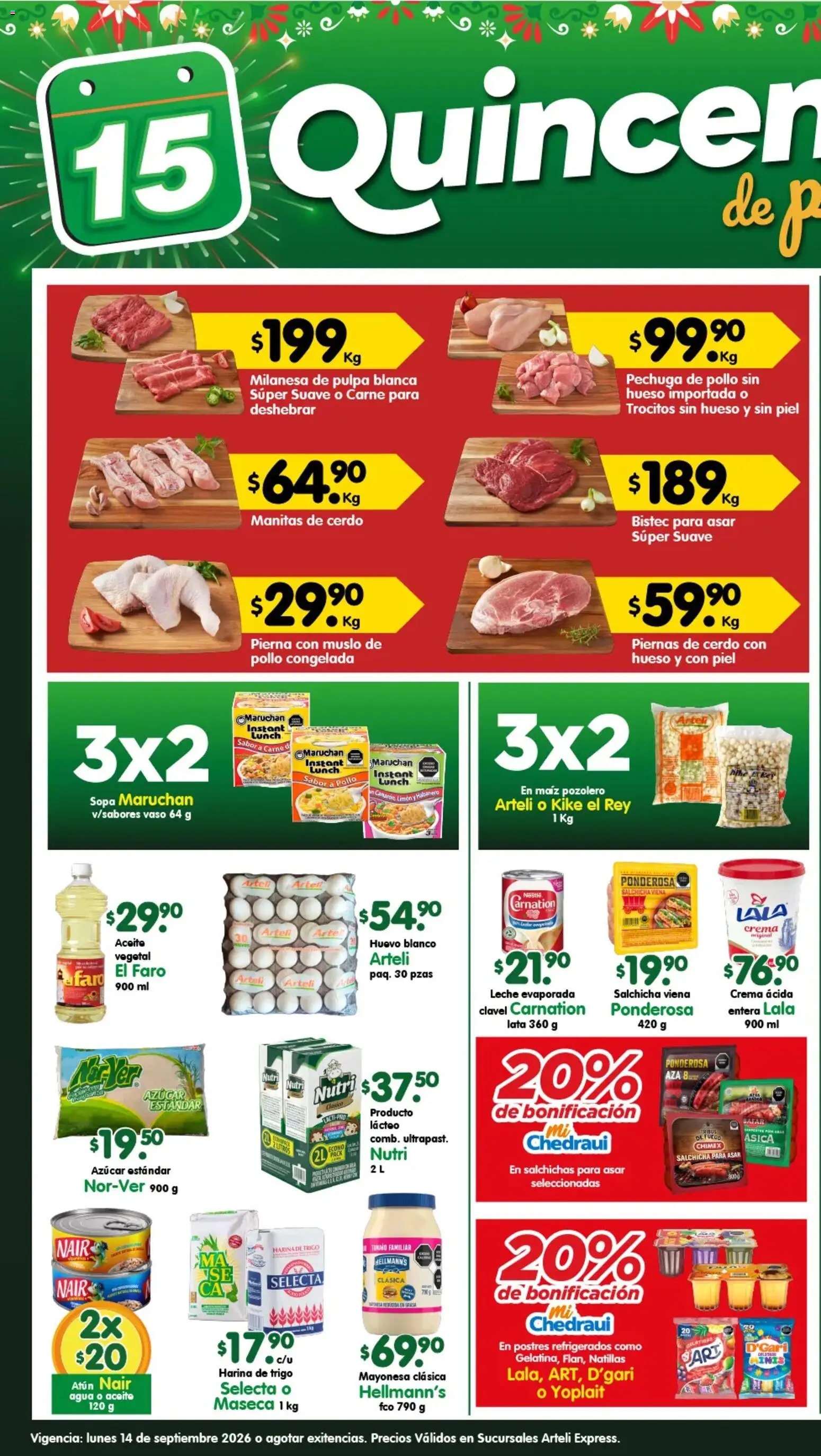 Vista previa las ofertas de la tienda Arteli - Arteli folleto Express desde el 14/09/2026 - Pollo, Azúcar, Carne, Crema, Aceite, Mayonesa, Milanesa, Salchicha