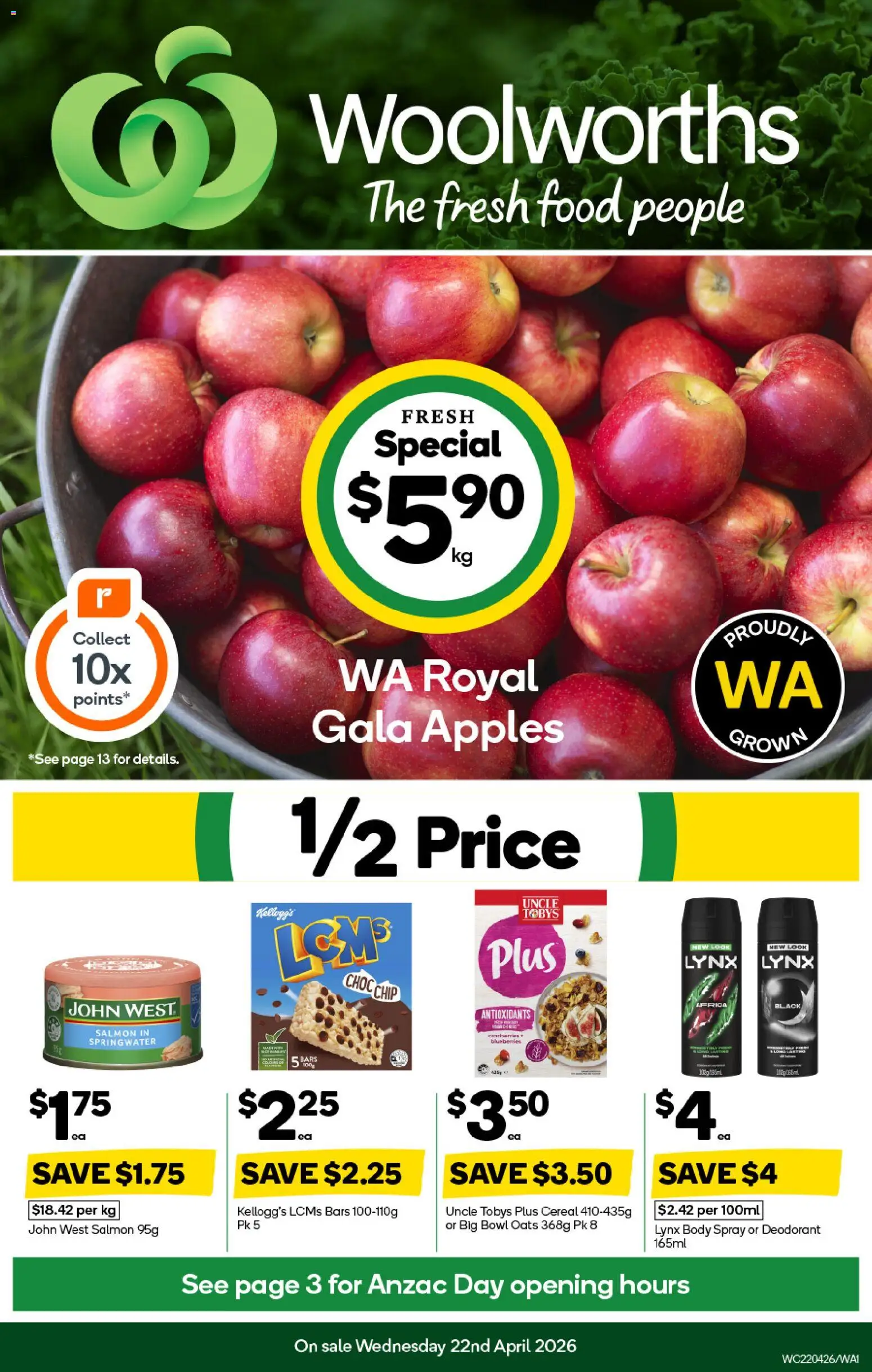 Preview of catalogue Woolworths catalogue WA from shop Woolworths valid 22/04/2026 - Food, Apples, Deodorant, Oats, Cereal, Salmon