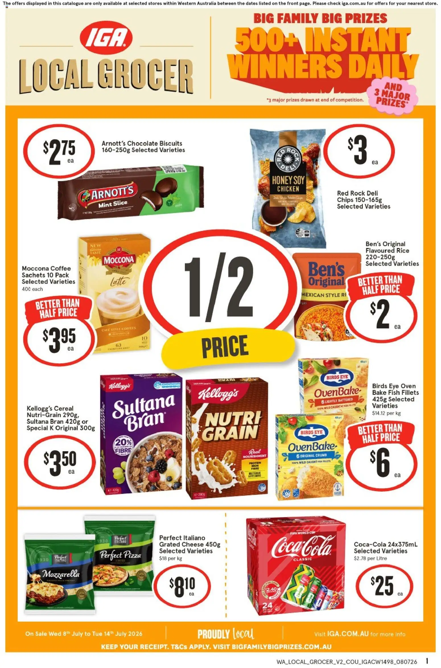 Preview of catalogue IGA Local Grocer NT/WA from shop IGA valid 08/07/2026 - Protein, Honey, Rice, Cereal, Biscuits, Moccona, Mozzarella, Oven