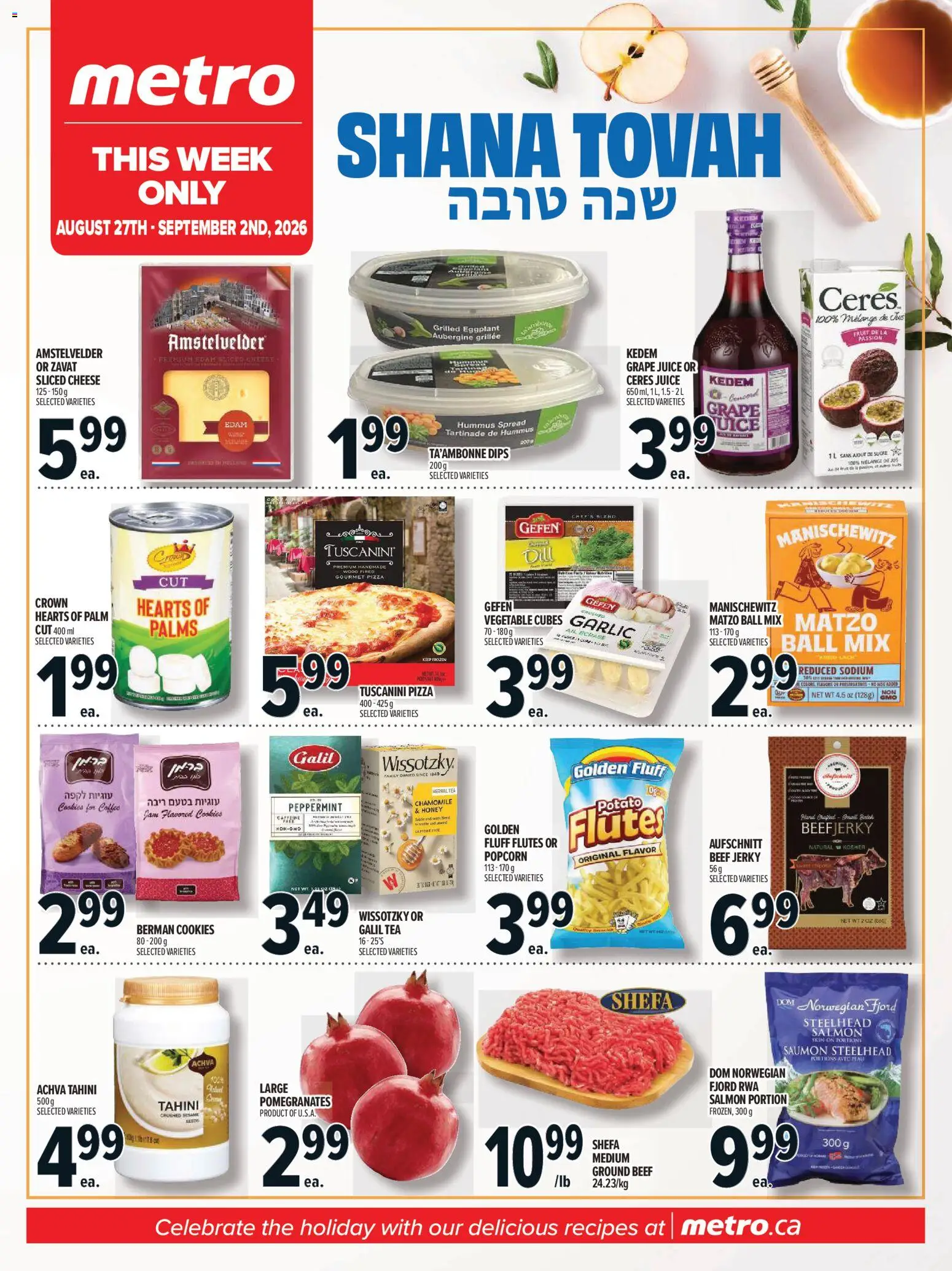 Preview of leaflet Metro flyer - Rosh Hashanah from shop Metro is valid from Aug 27, 2026 - Pizza, Cookies, Honey, Beef, Garlic, Spread, Herbal tea, Jerky