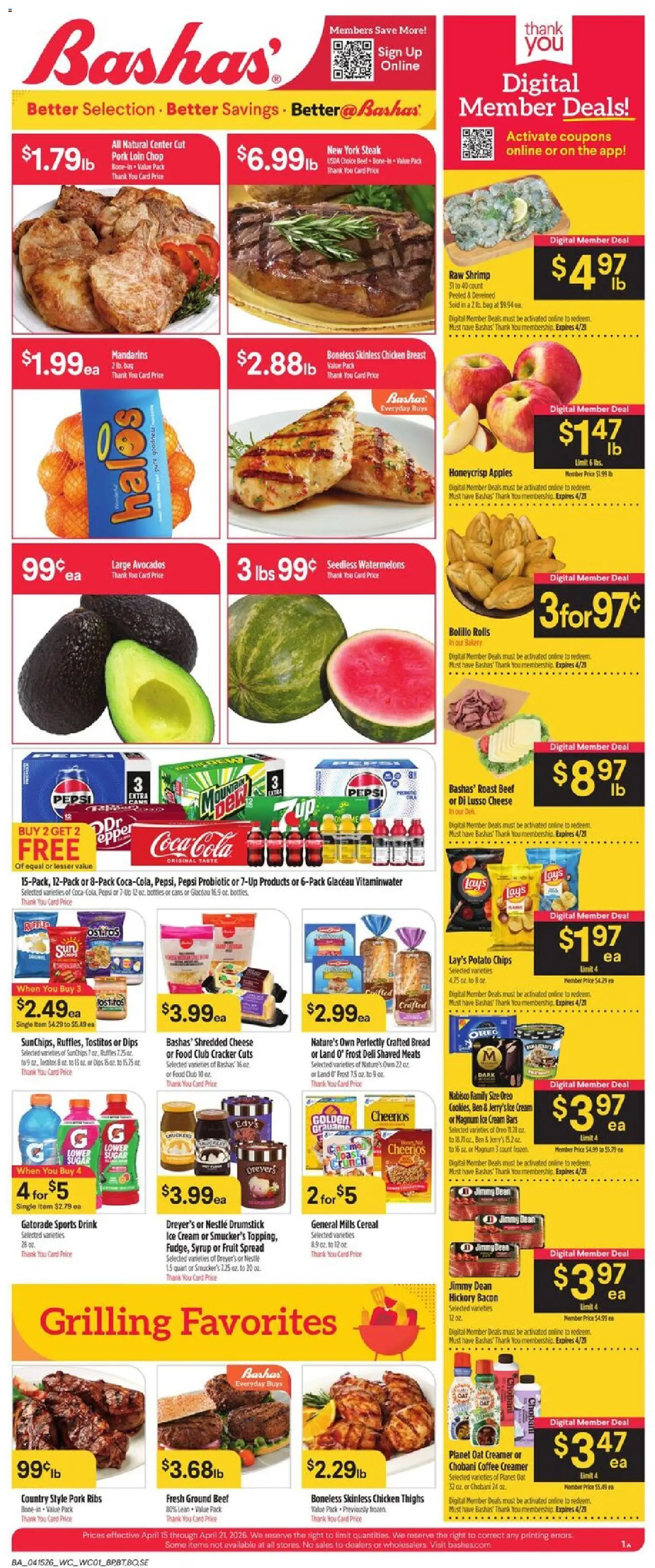 Ad Preview of Basha's Basha's Weekly Ad from 04/15/2026 - Apples, Ice, Steak, Bread, Cereal, Spread, Magnum ice cream, Ben & Jerry’s ice cream