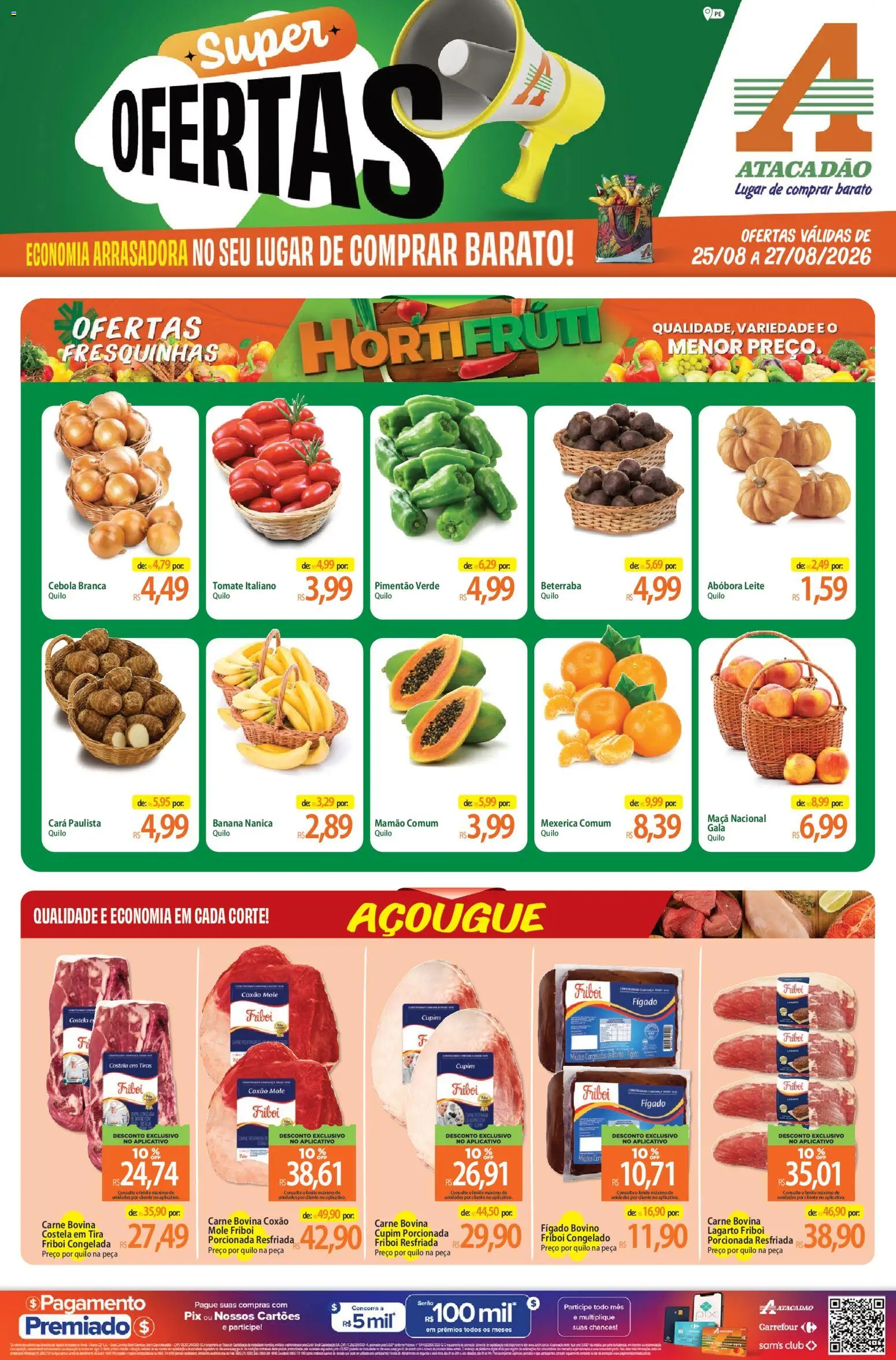 Pré-Visualização do folheto "Atacadão ofertas - PE" da loja Atacadão válido a partir de 25/08/2026 - Abóbora, Leite, Carne, Mexerica, Cebola, Mamão, Cará, Pimentão