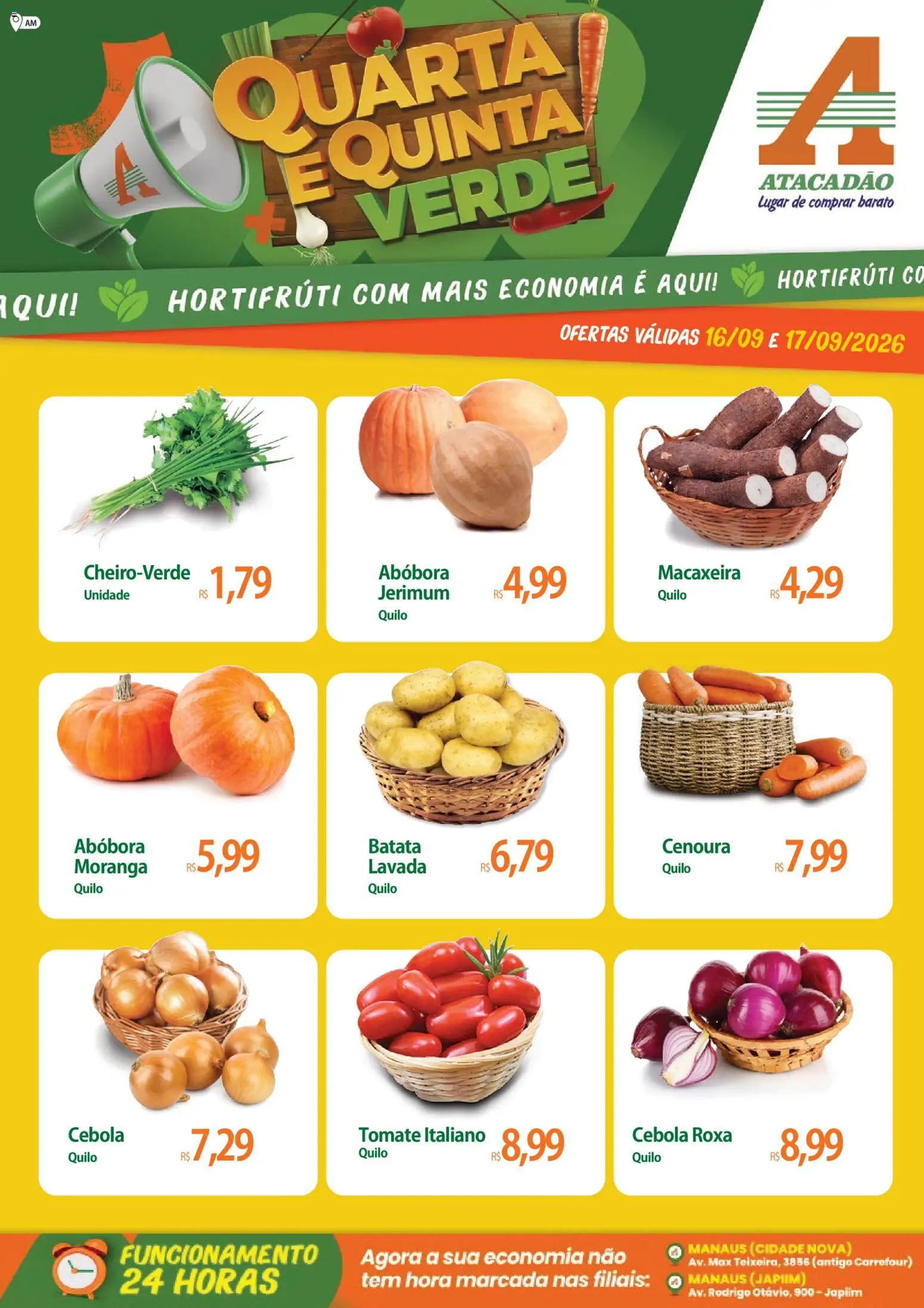 Pré-Visualização do folheto "Atacadão ofertas - AM" da loja Atacadão válido a partir de 16/09/2026 - Moranga, Abóbora, Batata, Tomate, Cenoura, Macaxeira, Cebola, Cebola roxa