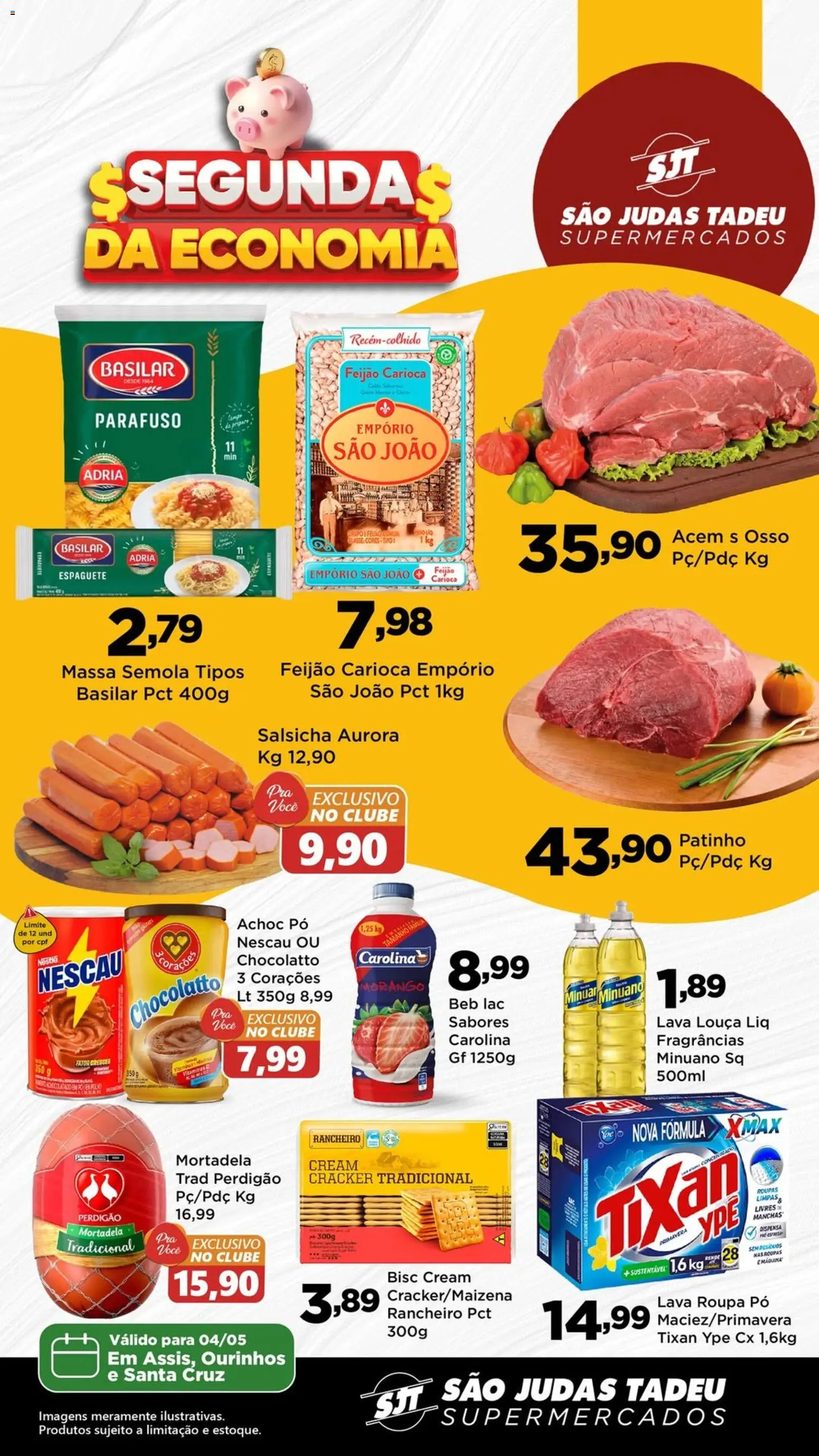 Pré-Visualização do folheto "São Judas Tadeu - Ofertas da semana" da loja São Judas Tadeu válido a partir de 04/05/2026 - Salsicha, Massa, Nescau, Mortadela, Pó, Louça, Espaguete, Cream cracker