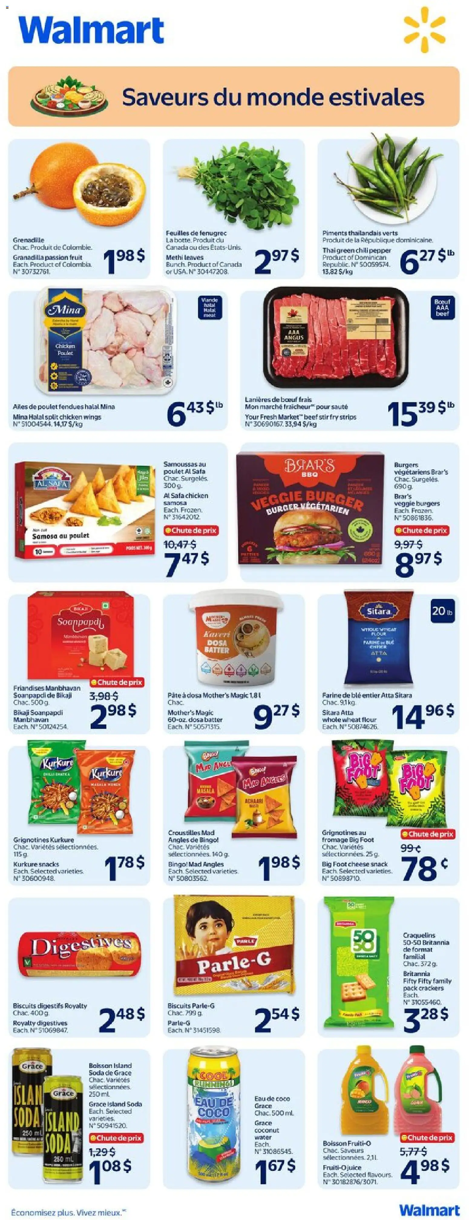 Preview of leaflet Walmart circulaire - Saveurs du monde estivales from shop Walmart is valid from Jul 02, 2026 - Chicken, Snacks, Chips, Juice, Biscuits, Coconut, Pepper, Crackers