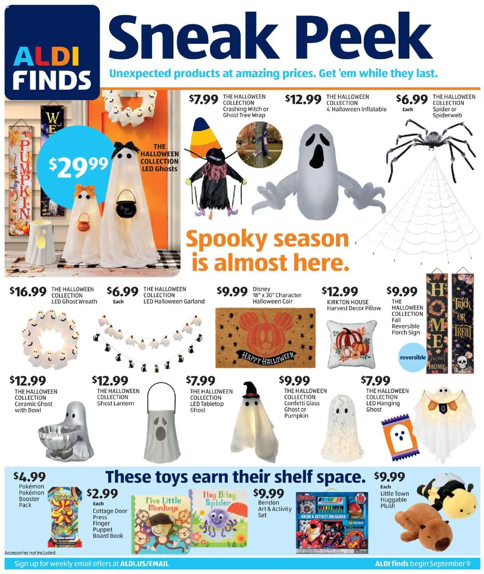 Ad Preview of Aldi Aldi In Store Ad from 09/09/2026 - Toys, Pumpkin, Pillow, Shelf, Press