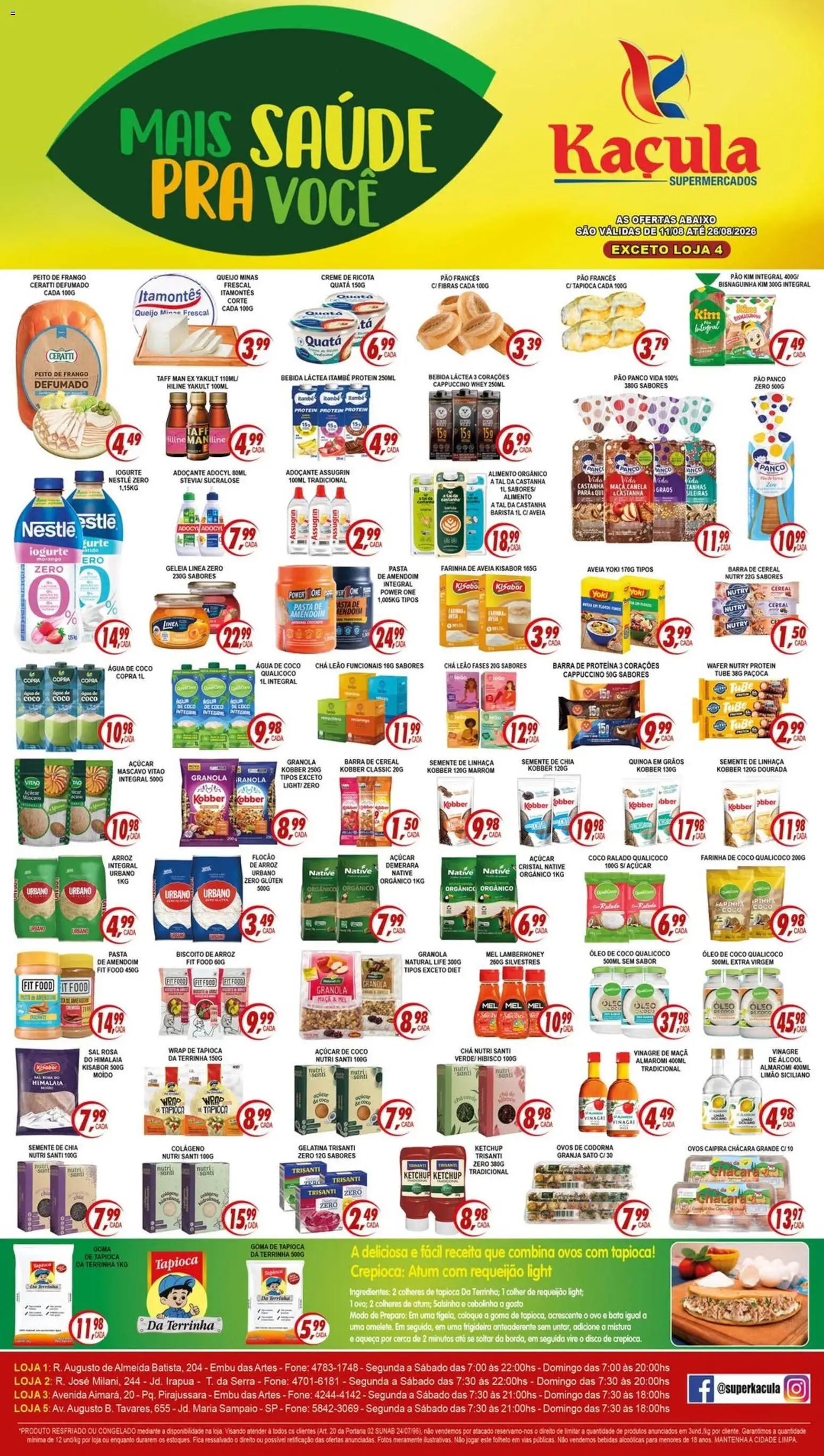 Pré-Visualização do folheto "Kaçula ofertas Mais Saúde Pra Você" da loja Kaçula válido a partir de 11/08/2026 - Amendoim, Bebidas, Iogurte, Atum, Farinha, Disco, Vinagre, Chá verde