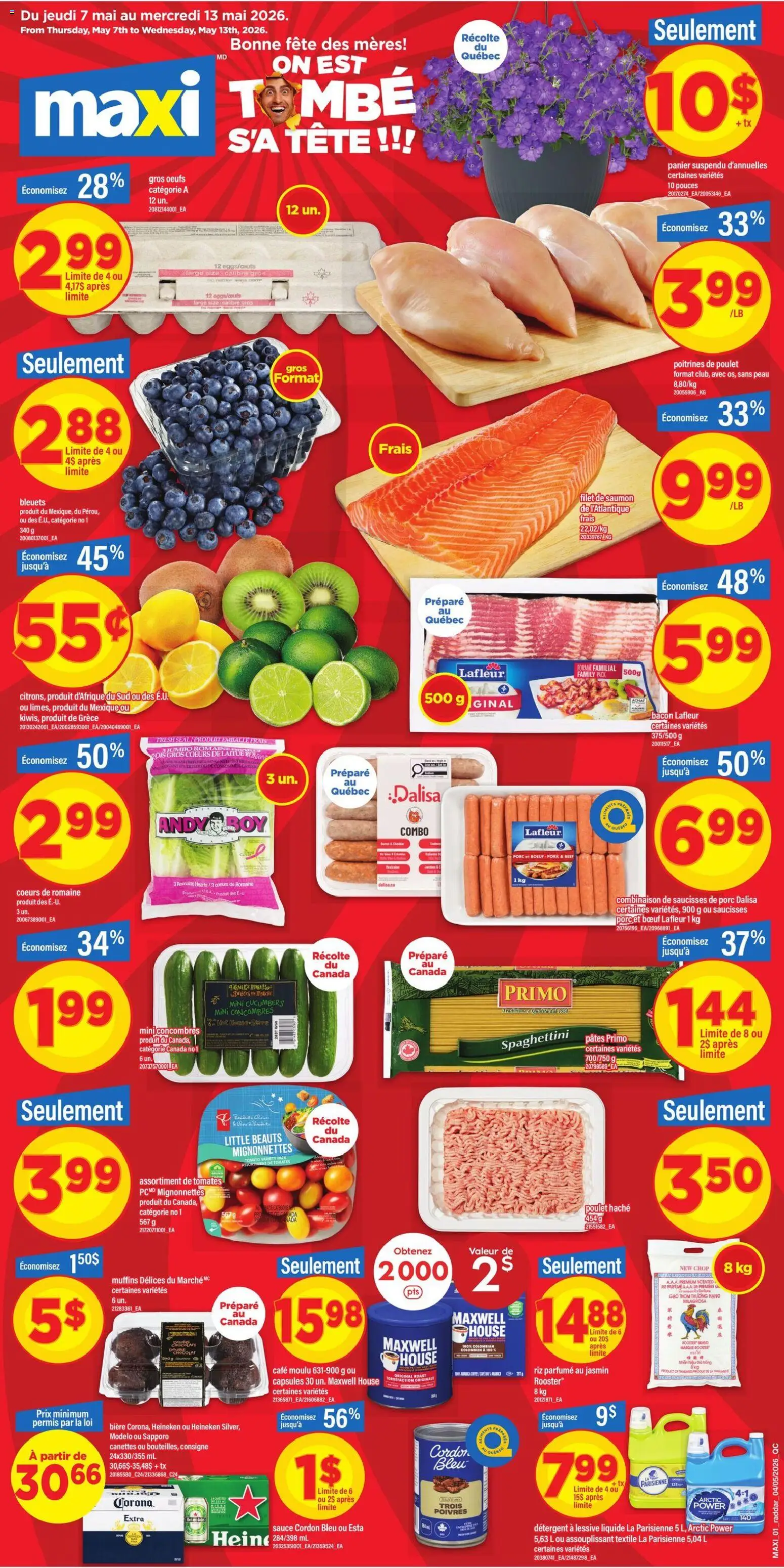 Preview of leaflet Maxi weekly flyer / circulaire from shop Maxi is valid from May 07, 2026 - Chocolate, Tomato, Muffins, Cucumbers, Bacon, Roast, Heineken, Capsules