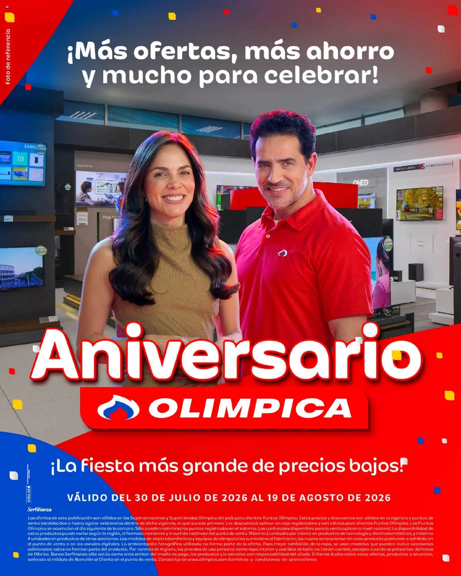  Vista previa del prospecto Olímpica Aniversario Ofertas textil y electro del almacen Olímpica válida del 30/07/2026 al 19/08/2026 - Banco, Baño, Ropa, Sobre, Caja, Ropa interior