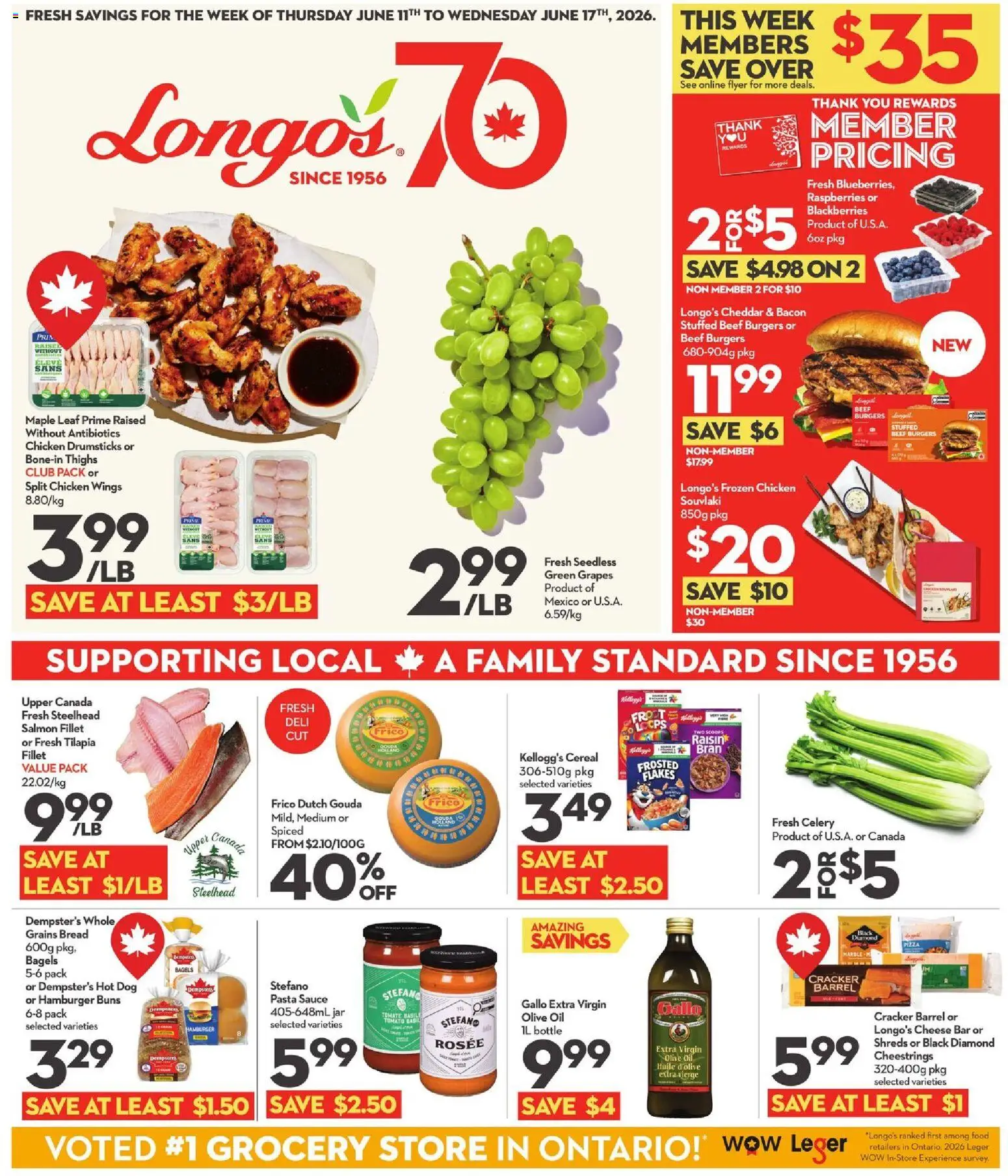 Preview of leaflet Longo's weekly flyer / circulaire from shop Longo's is valid from Jun 11, 2026 - Chicken wings, Oil, Tomato, Raspberries, Grapes, Cheddar, Flakes, Salmon fillet