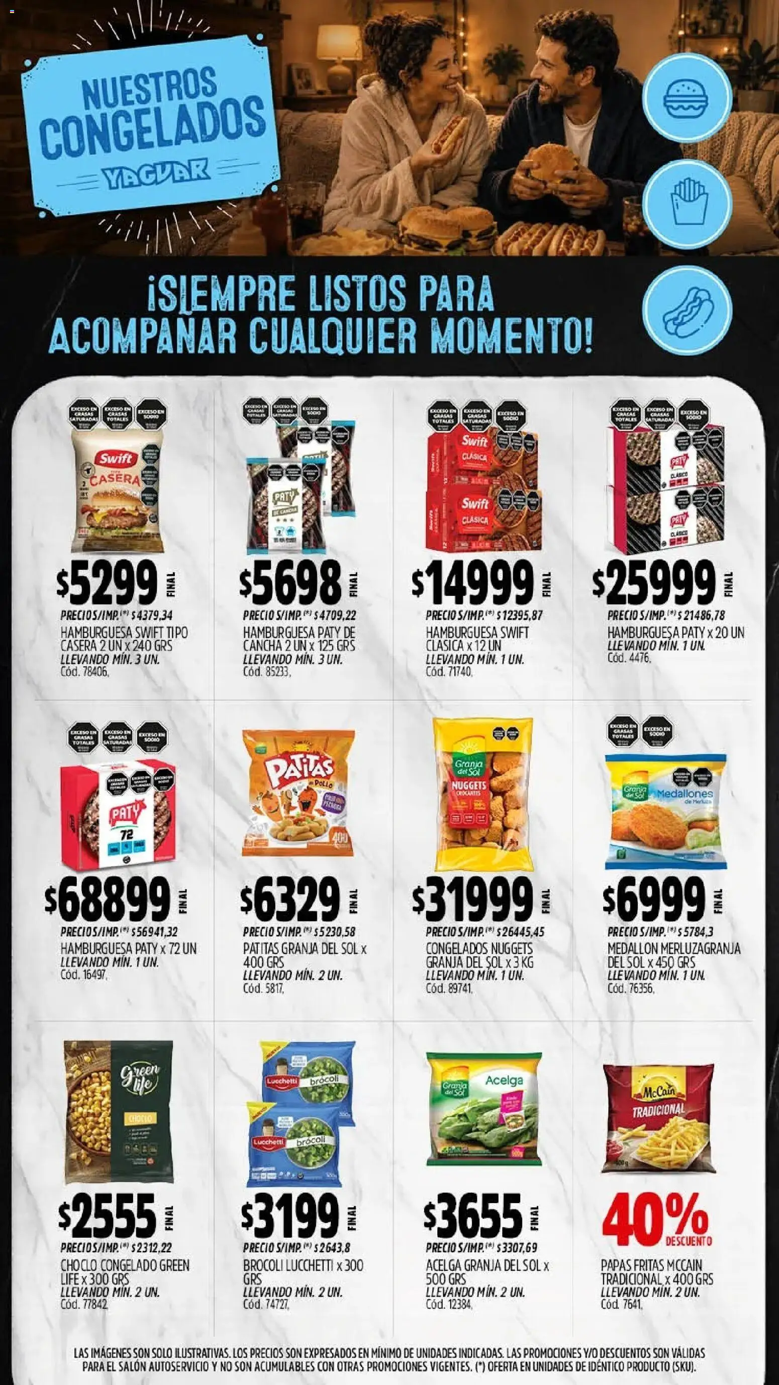 Vista previa del folleto de la tienda Yaguar válido desde el 28/09/2026 - Hamburguesa, Papas, Pollo, Papas fritas, Brocoli, Acelga, Choclo