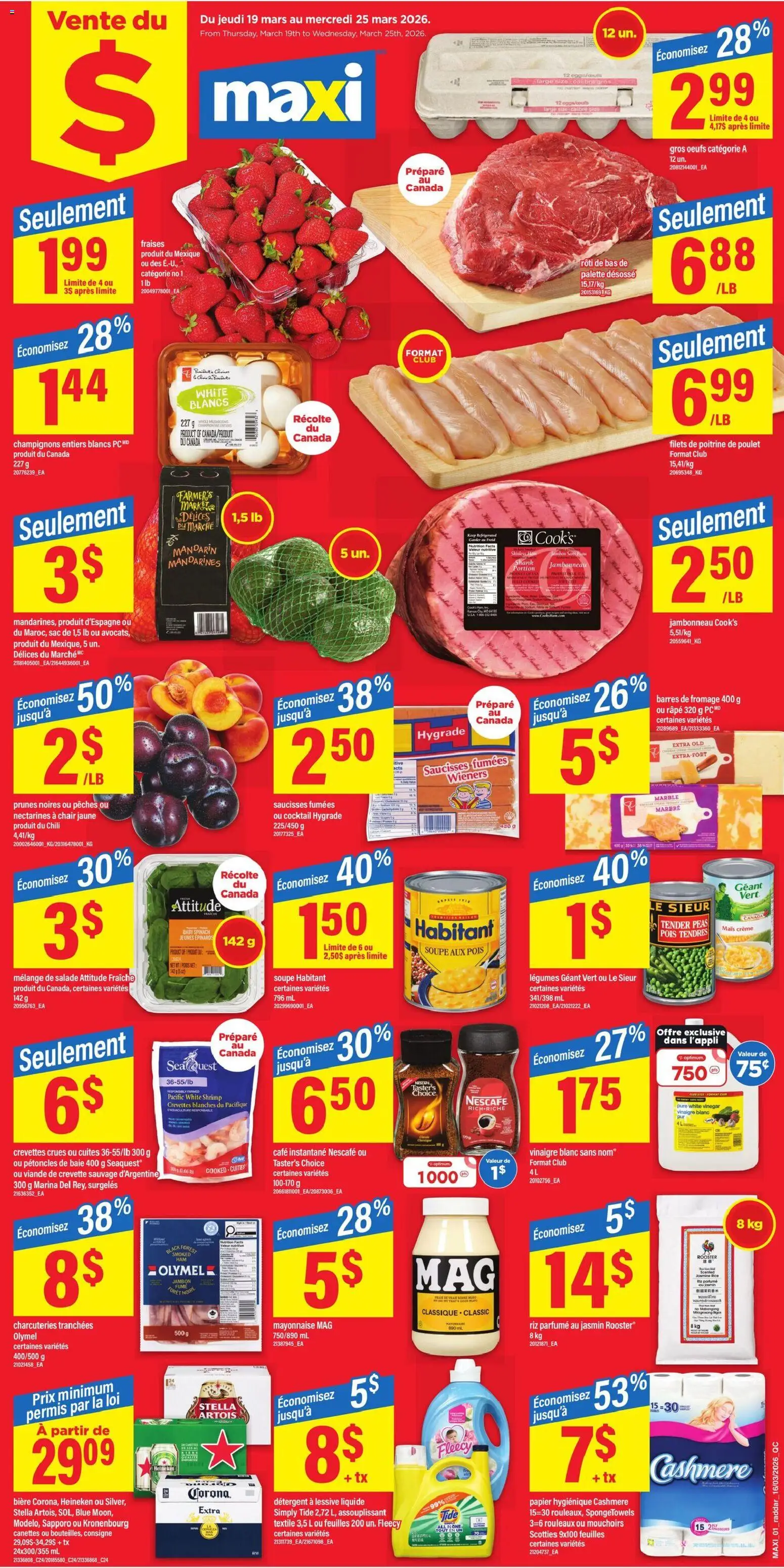 Preview of leaflet Maxi weekly flyer / circulaire from shop Maxi is valid from Mar 19, 2026 - Cocktail, Shrimp, Chair, Legumes, Mayonnaise, Jasmine rice, Nectarines, Vinegar