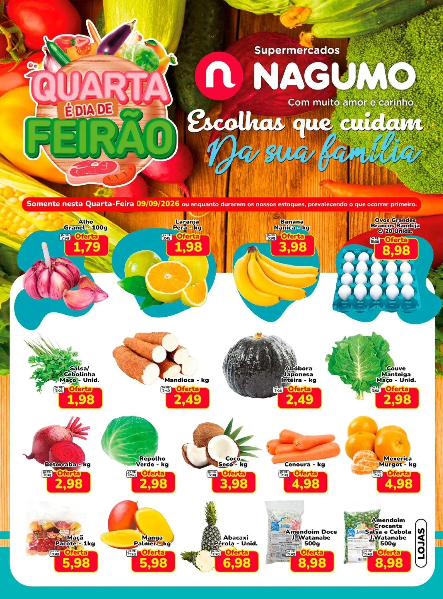 Pré-Visualização do folheto "Nagumo ofertas Quarta do Feirão" da loja Nagumo válido a partir de 09/09/2026 - Ovos, Abacaxi, Abóbora, Manteiga, Couve, Mandioca, Mexerica, Repolho