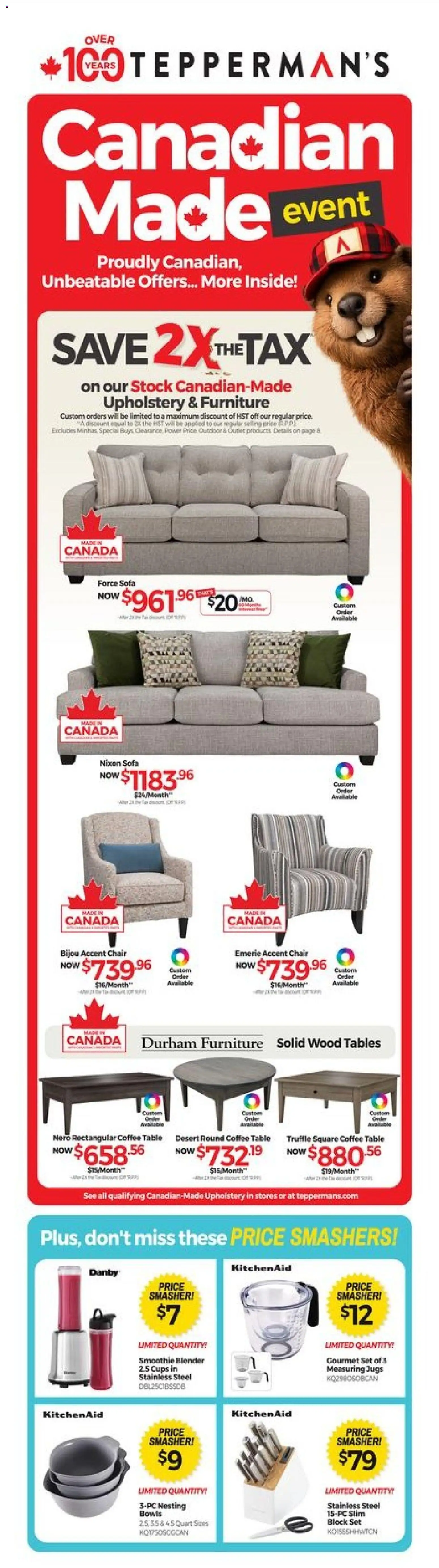 Preview of leaflet Tepperman's weekly flyer / circulaire from shop Tepperman's is valid from Jul 10, 2026 - Coffee, Smoothie, Blender, Sofa, Coffee table, Chair, Table