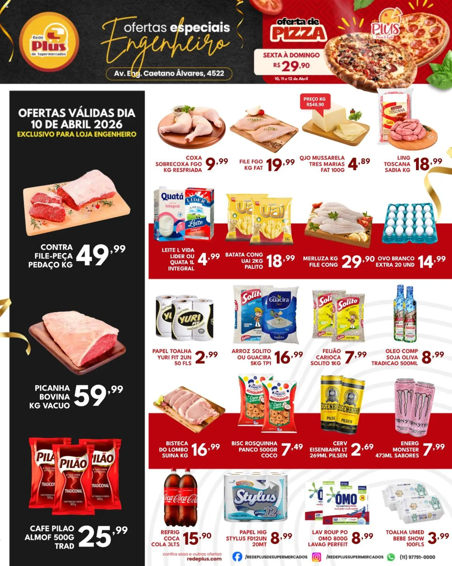 Pré-Visualização do folheto "Rede Plus Supermercados - Ofertas da semana" da loja Rede Plus Supermercados válido a partir de 10/04/2026 - Café, Pizza, Picanha, Arroz, Cola, Eisenbahn, Lombo, Rosquinha