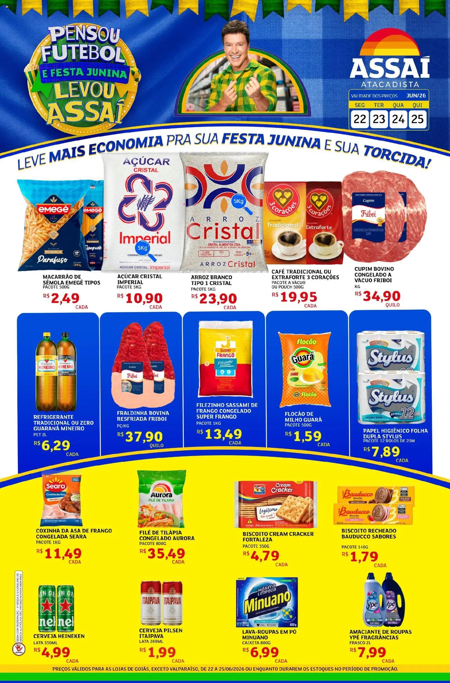 Pré-Visualização do folheto "Assaí Atacadista ofertas - GO" da loja Assaí Atacadista válido a partir de 22/06/2026 - Macarrão, Biscoito, Cerveja Heineken, Açúcar, Refrigerante, Papel higiênico, Farinha, Tilápia