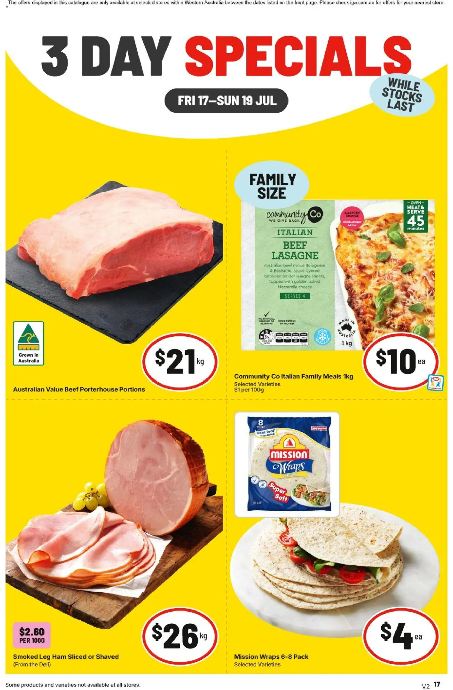 Preview of catalogue IGA 3 Day Specials NT/WA from shop IGA valid 17/07/2026 - Cheese, Ham, Beef, Sauce, Lasagne, Mozzarella, Oven