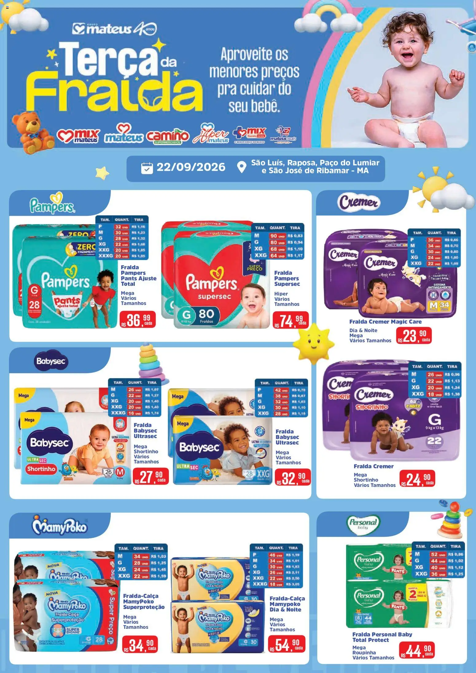 Pré-Visualização do folheto "Mateus ofertas Terça da Fralda" da loja Mateus válido a partir de 22/09/2026 - Fraldas, Fralda pampers, Cama, Calça, Pampers