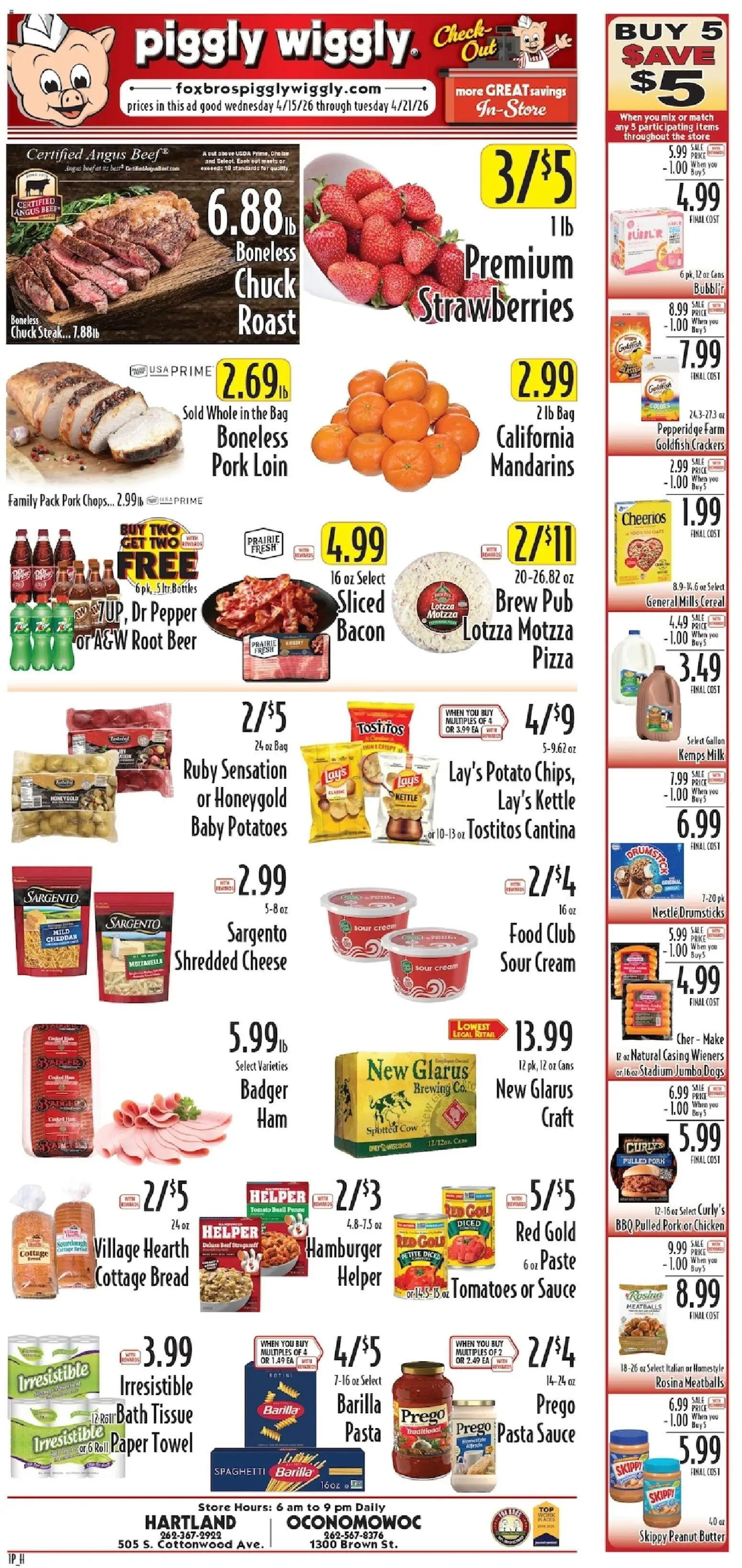 Ad Preview of Piggly Wiggly Piggly Wiggly Weekly Ad from 04/15/2026 - Steak, Hamburger, Cheese, Milk, Butter, Bacon, Bag, Drumsticks