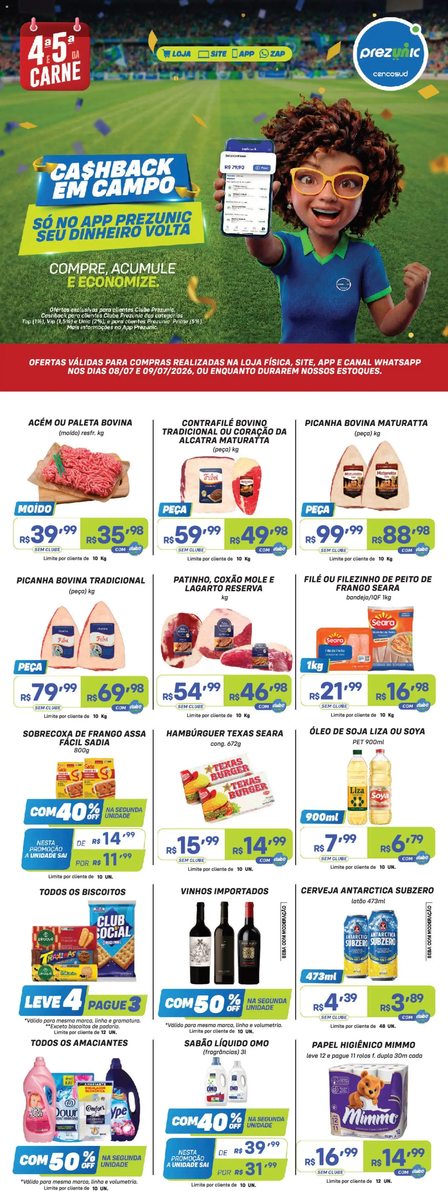 Pré-Visualização do folheto "Prezunic ofertas" da loja Prezunic válido a partir de 08/07/2026 - Hambúrguer, Picanha, Biscoitos, Frango, Amaciante, Sobrecoxa de frango, Acém, Coxão mole