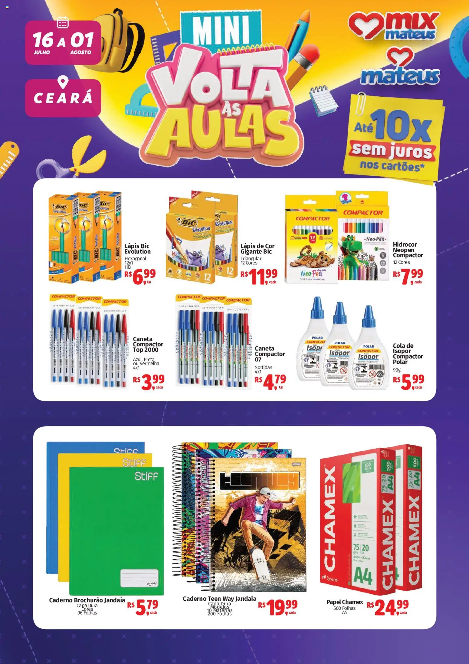 Pré-Visualização do folheto "Mateus ofertas Volta às aulas" da loja Mateus válido a partir de 16/07/2026 - Caderno, Caneta, Lápis de cor, Cola, Lápis