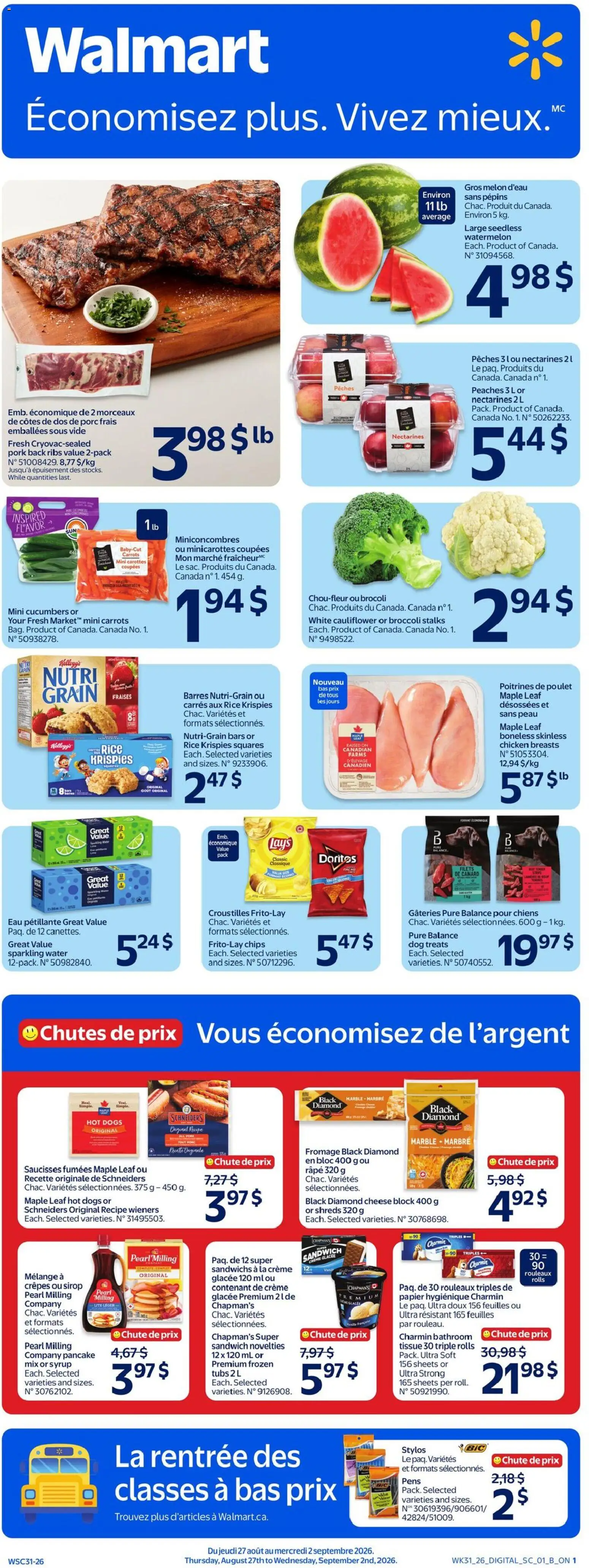Preview of leaflet Walmart circulaire from shop Walmart is valid from Aug 27, 2026 - Water, Cheese, Ice, Chips, Rice, Carrots, Cauliflower, Chicken breasts