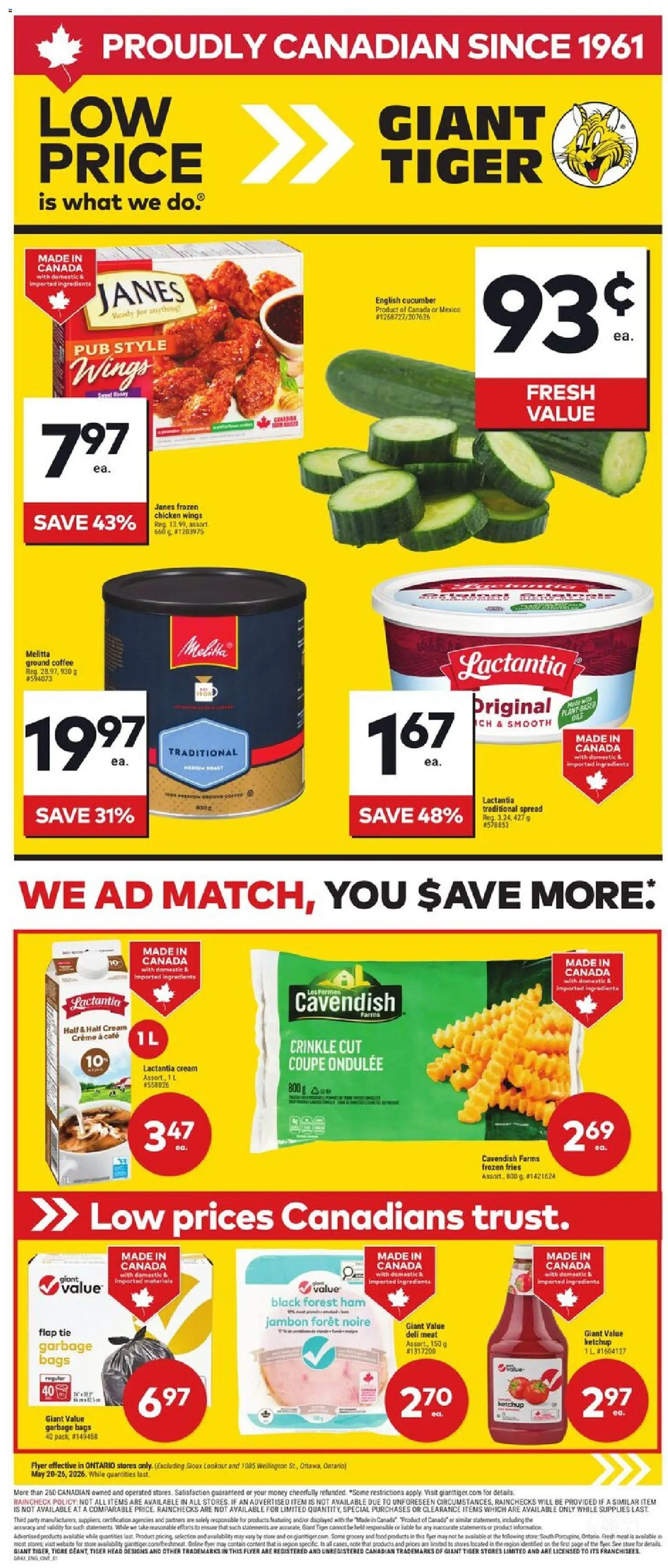 Preview of leaflet Weekly Flyer from shop Giant Tiger is valid from May 20, 2026 - Coffee, Honey, Chicken wings, Fries, Cream, Spread, Ground coffee, Frozen fries