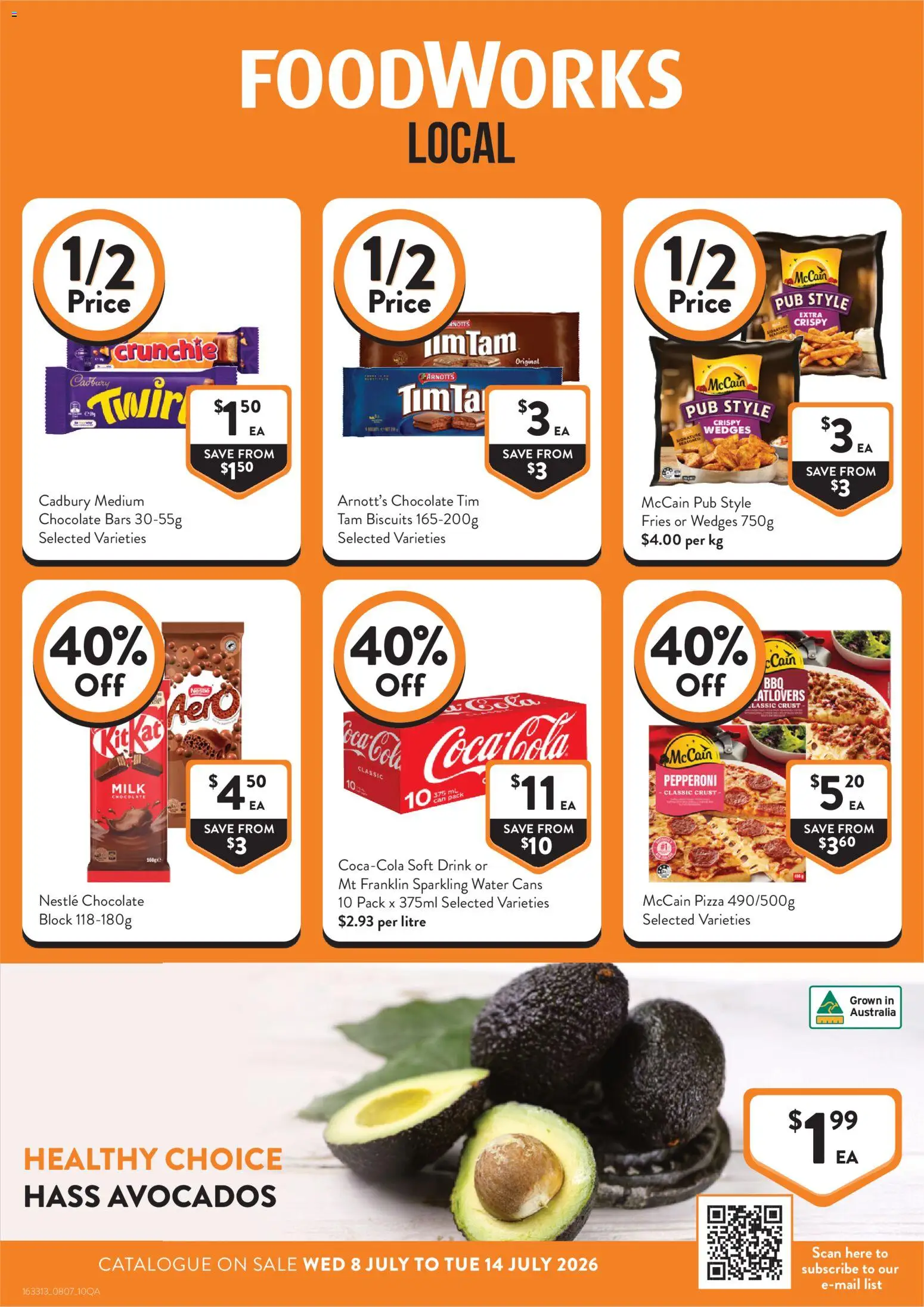 Preview of catalogue Foodworks catalogue QLD from shop Foodworks valid 08/07/2026 - Fries, Milk, Chocolate, Pizza, Coca Cola, Biscuits, Water