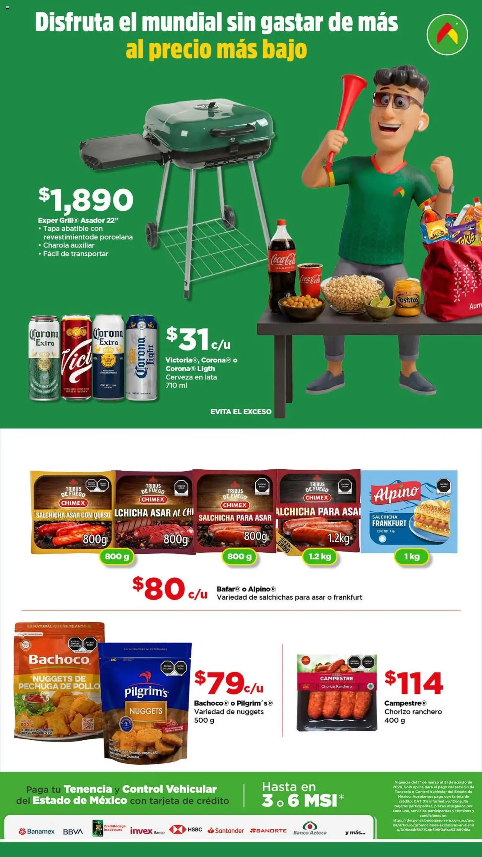 Vista previa las ofertas de la tienda Bodega Aurrerá - Bodega Aurrerá folleto Golazo desde el 05/06/2026 - Banco, Cocina, Queso, Col, Chorizo, Salchicha, Salchichas para asar, Cerveza en lata