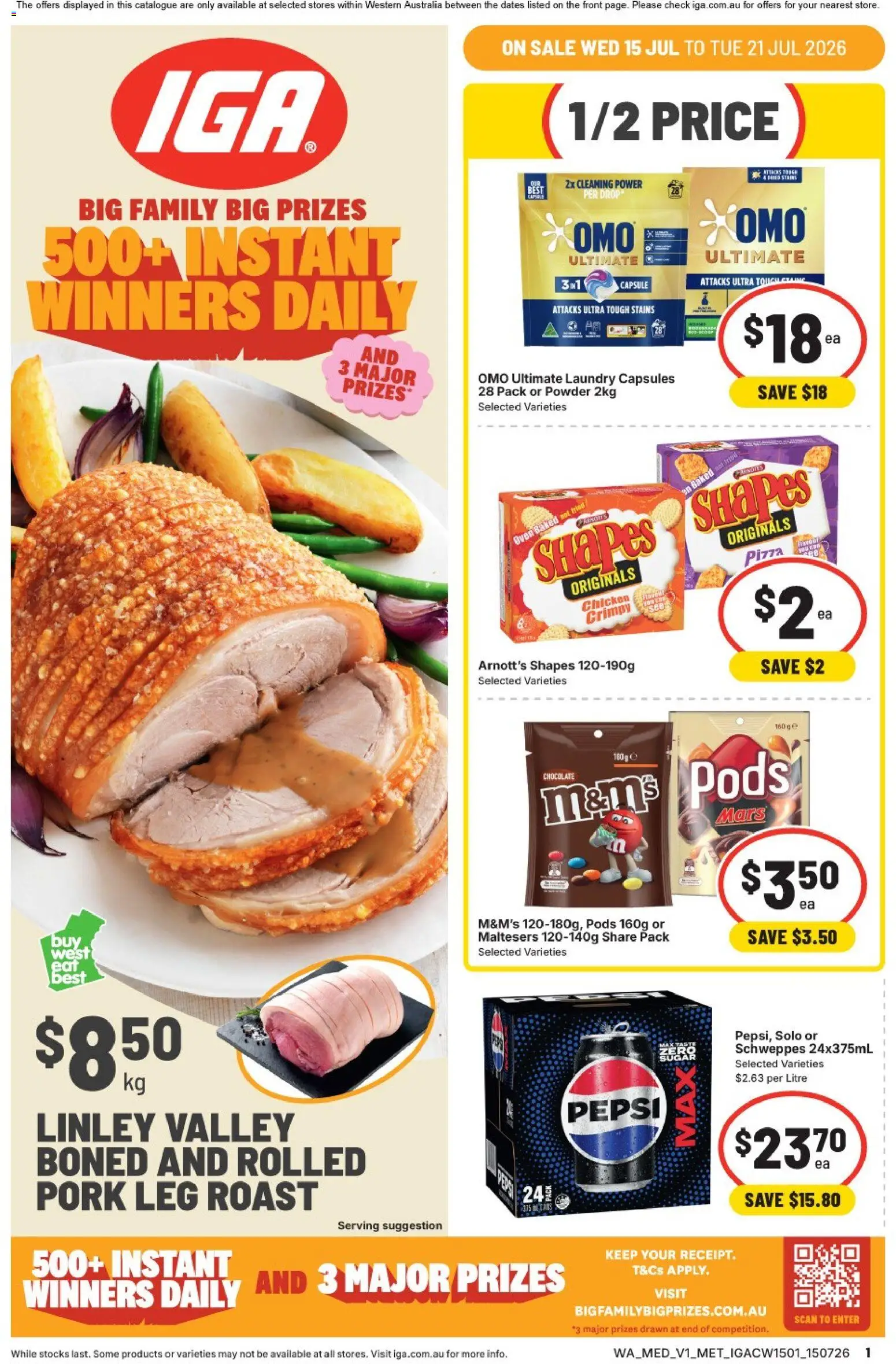 Preview of catalogue IGA catalogue WA Medium Metro from shop IGA valid 15/07/2026 - Fries, Powder, Chicken, Pepsi, Laundry capsules, Capsules, Roast, Pork leg