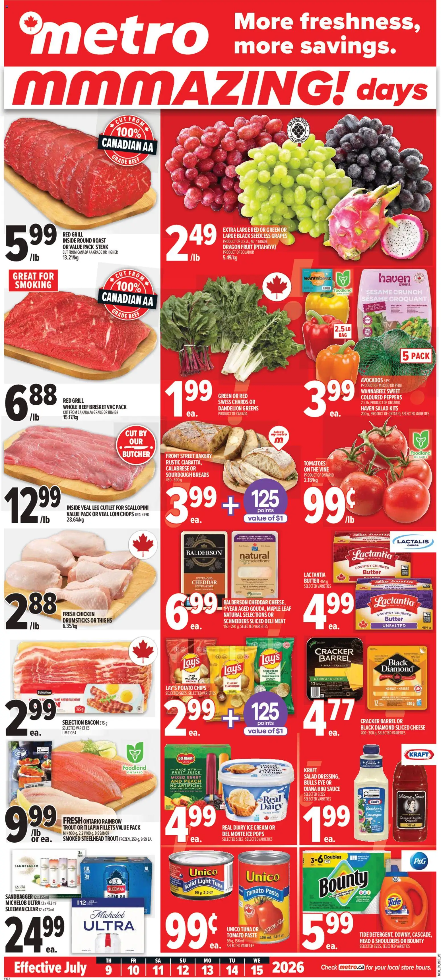 Preview of leaflet Metro weekly flyer - Québec from shop Metro is valid from Jul 09, 2026 - Turkey, Salad, Tomatoes, Beef, Bacon, Roast, Grapes, Seedless grapes
