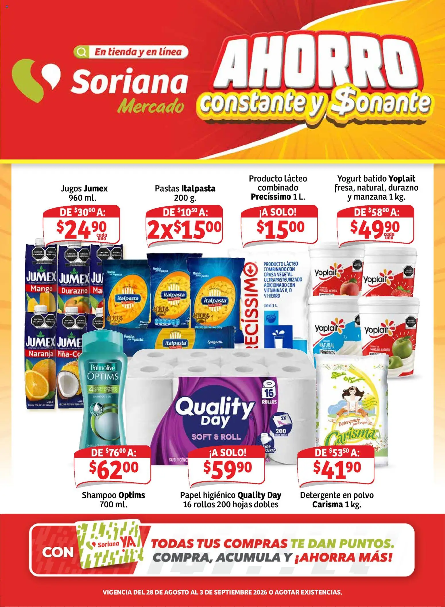 Vista previa las ofertas de la tienda Soriana - Soriana Ahorro constante y sonante Soriana Mercado Nacional desde el 28/08/2026 - Mango, Shampoo, Vitaminas, Durazno, Papel higiénico, Detergente, Polvo, Detergente en polvo