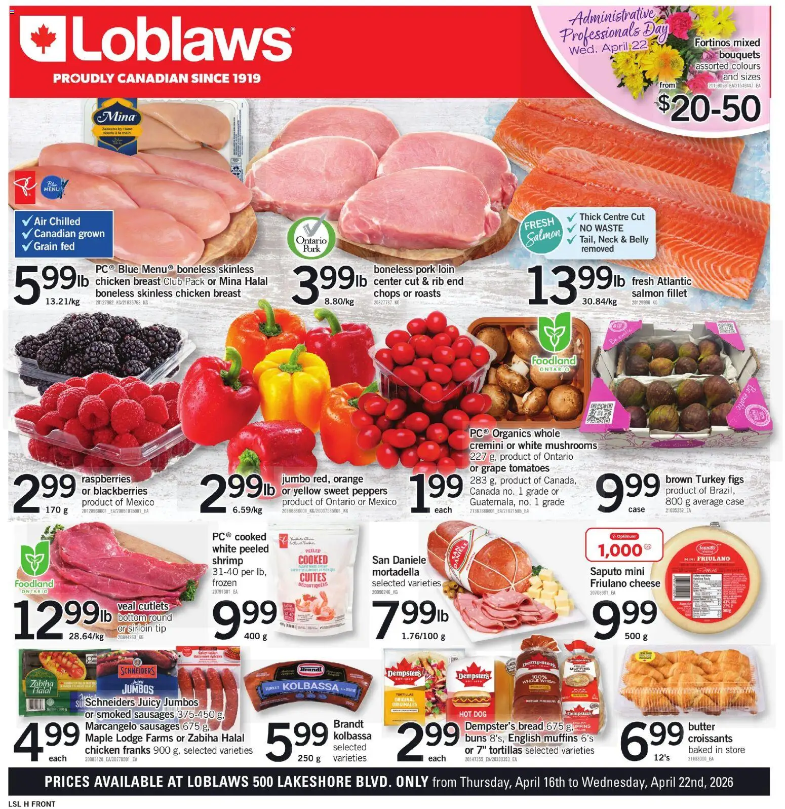 Preview of leaflet Loblaws flyer - ON from shop Loblaws is valid from Apr 16, 2026 - Figs, Bread, Salmon, Shrimp, Raspberries, Sausages, Case, Fillet