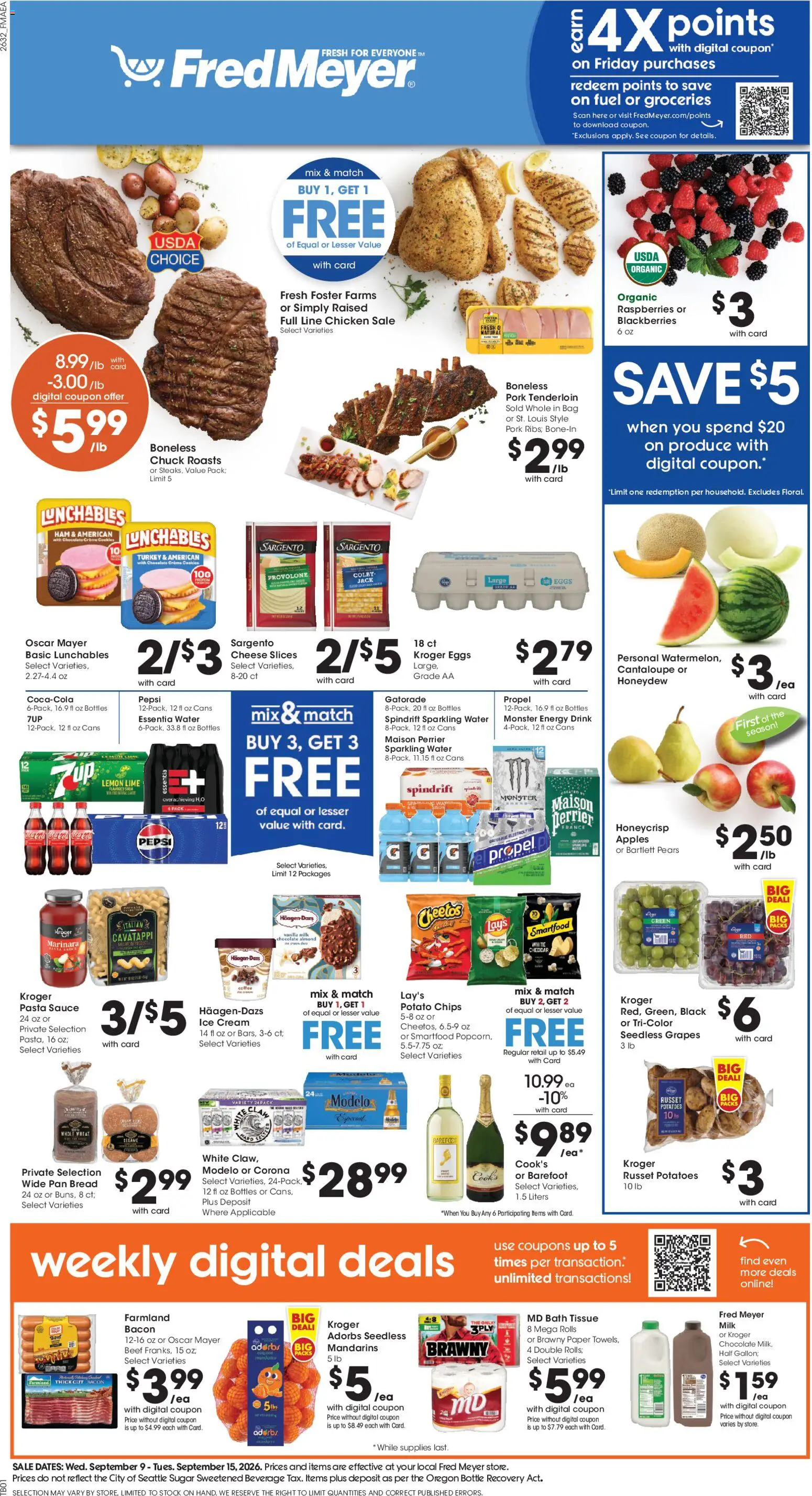 Ad Preview of Fred Meyer Fred Meyer Weekly Ad from 09/09/2026 - Ice cream, Turkey, Bread, Sugar, Energy drink, Lime, Pork, Seedless grapes