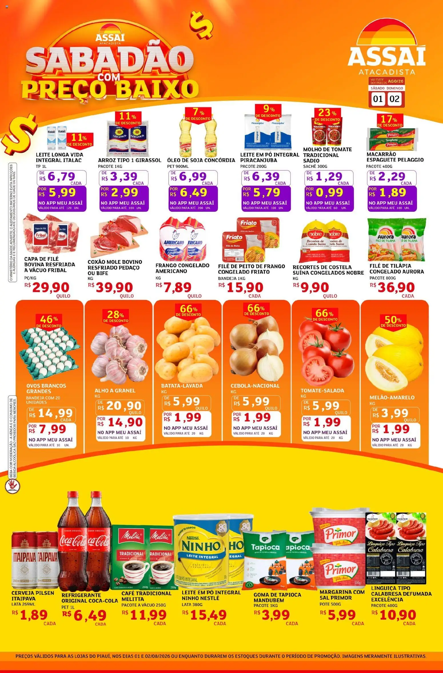 Pré-Visualização do folheto "Assaí Atacadista ofertas - PI" da loja Assaí Atacadista válido a partir de 01/08/2026 - Macarrão, Arroz, Frango, Cola, Pó, Linguiça, Alho, Margarina