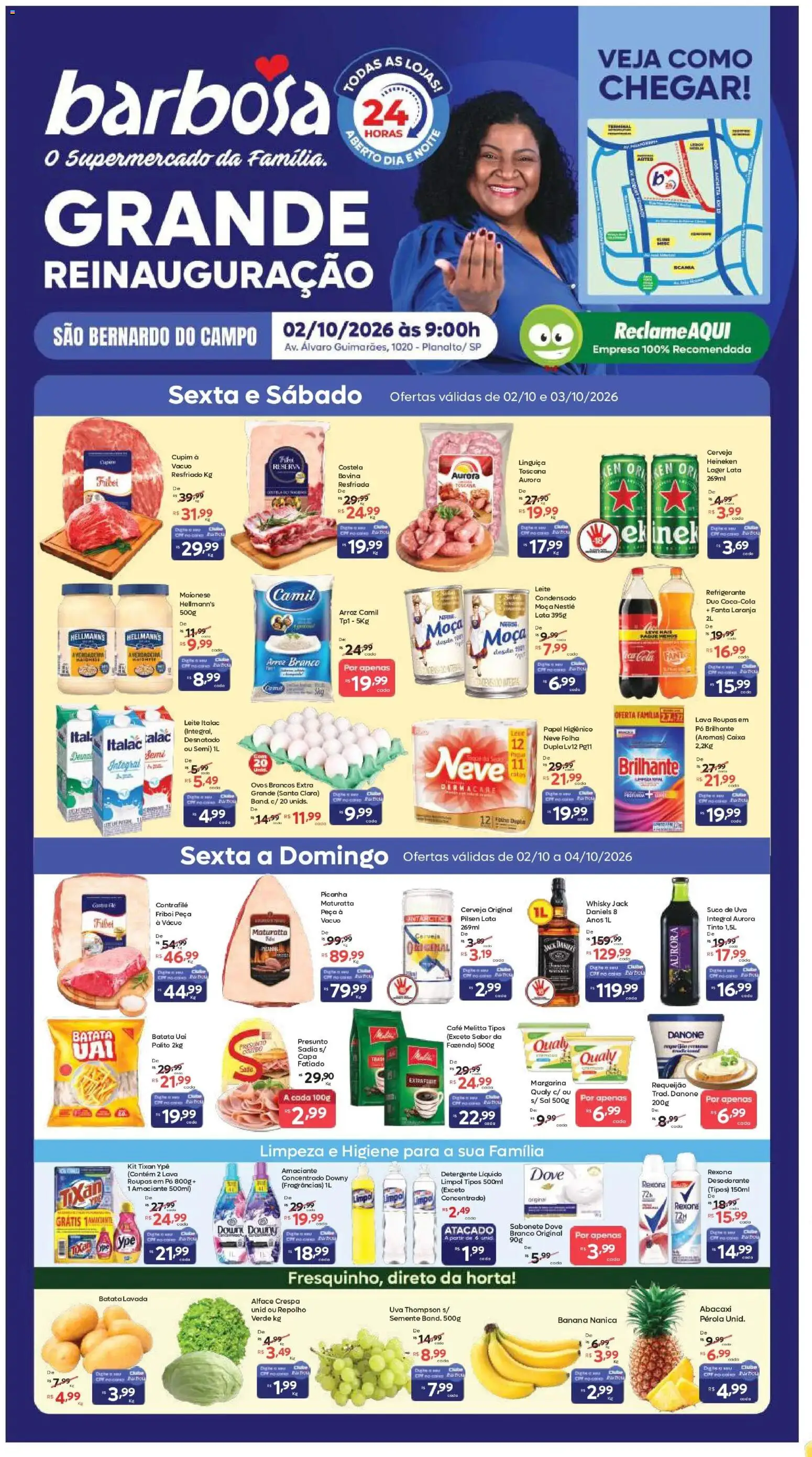 Pré-Visualização do folheto "Barbosa Supermercados ofertas Reinauguração" da loja Barbosa Supermercados válido a partir de 02/10/2026 - Shampoo, Açúcar, Papel higiênico, Peito de frango, Fraldinha, Mortadela, Condicionador, Barriga suína