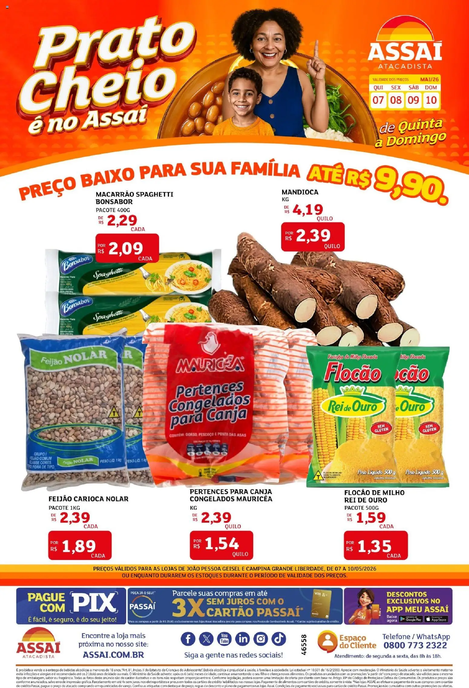 Pré-Visualização do folheto "Assaí Atacadista ofertas - PB" da loja Assaí Atacadista válido a partir de 07/05/2026 - Telefone, Macarrão, Base, Bebida, Feijão, Alimentos, Baixo, Farinha