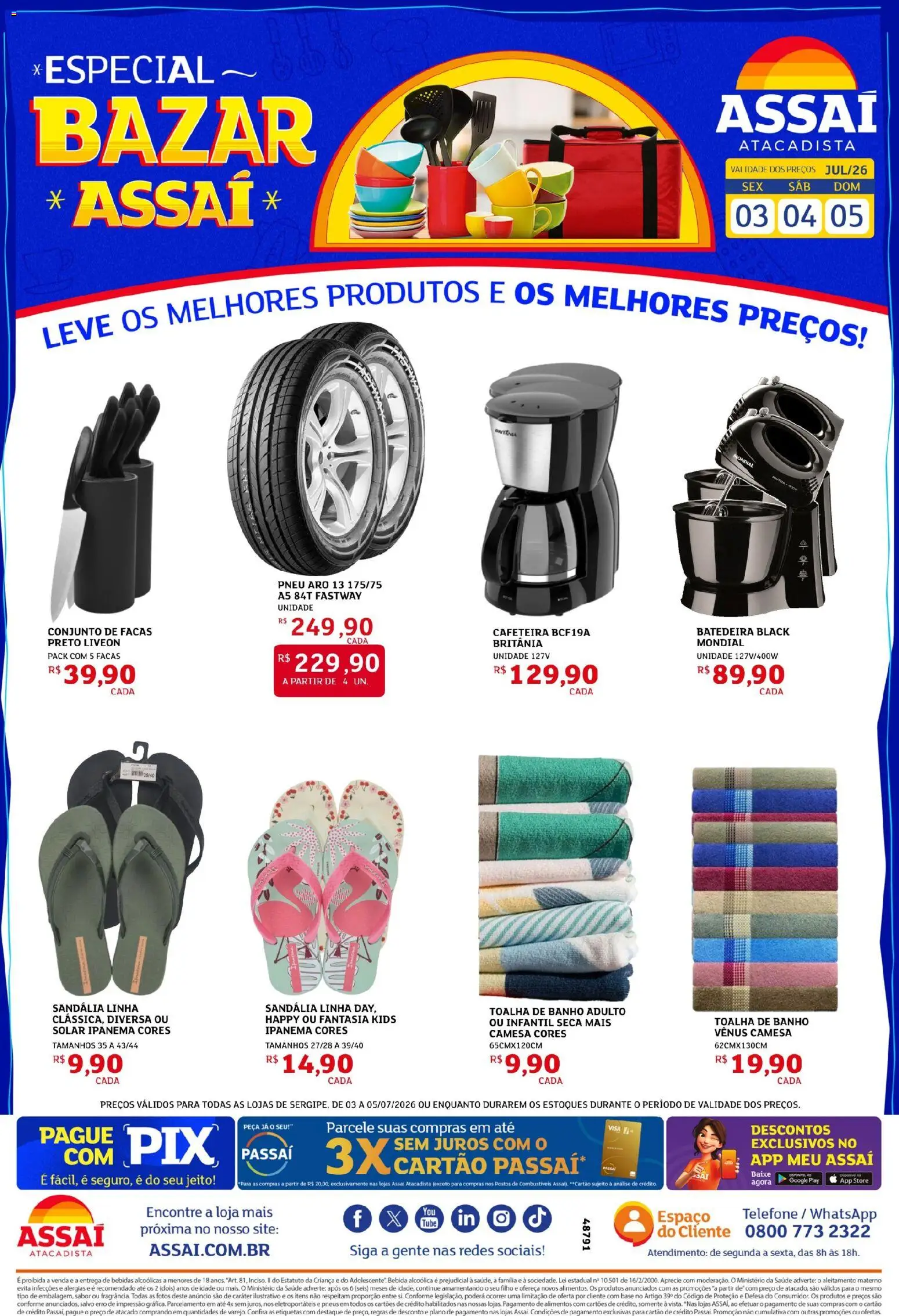 Pré-Visualização do folheto "Assaí Atacadista ofertas - SE" da loja Assaí Atacadista válido a partir de 03/07/2026 - Telefone, Pneu, Fantasia, Batedeira, Bebidas, Bebida, Alimentos, Facas