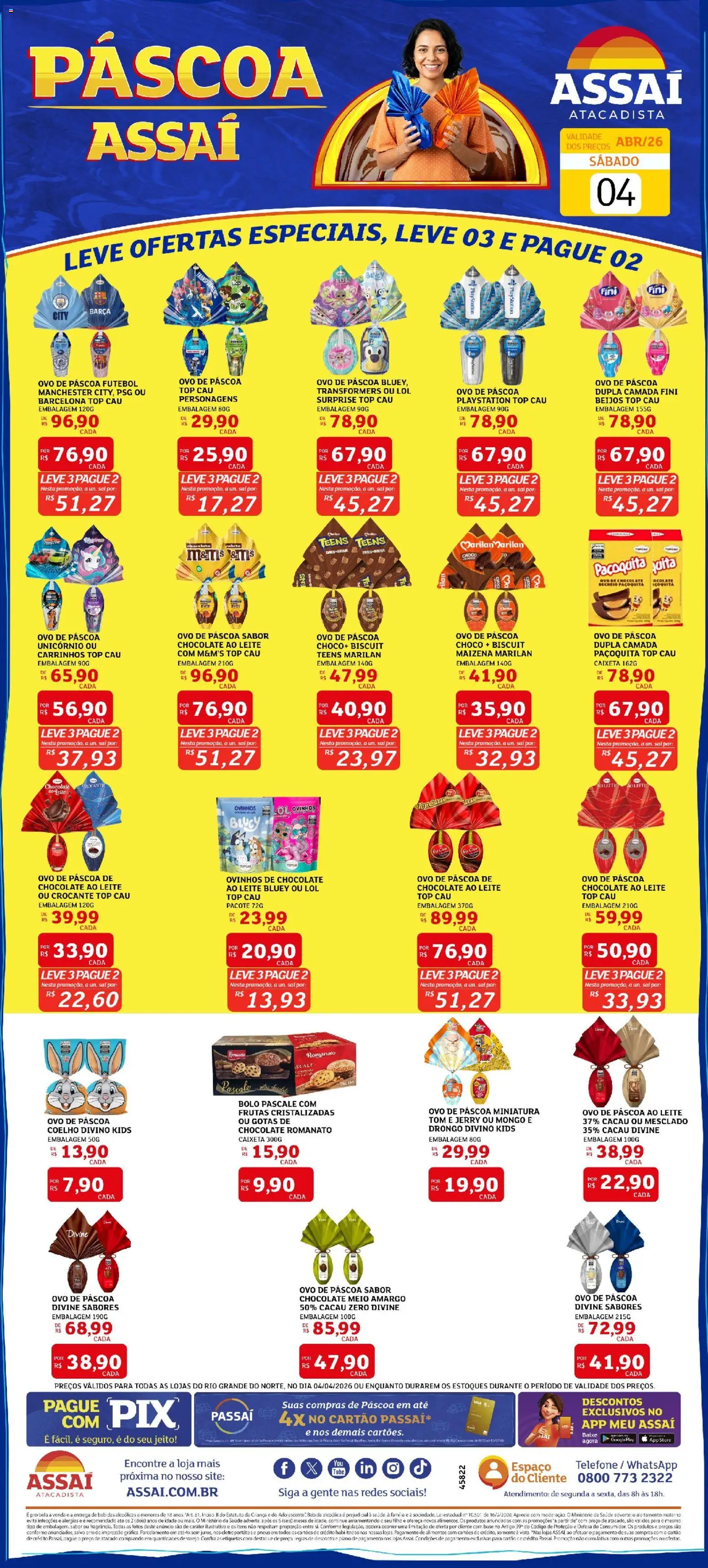 Pré-Visualização do folheto "Assaí Atacadista ofertas - RN" da loja Assaí Atacadista válido a partir de 04/04/2026 - Ovo de páscoa, Bolo, Telefone, Coelho, Pneus, Leite, Alimentos, Ovo de chocolate