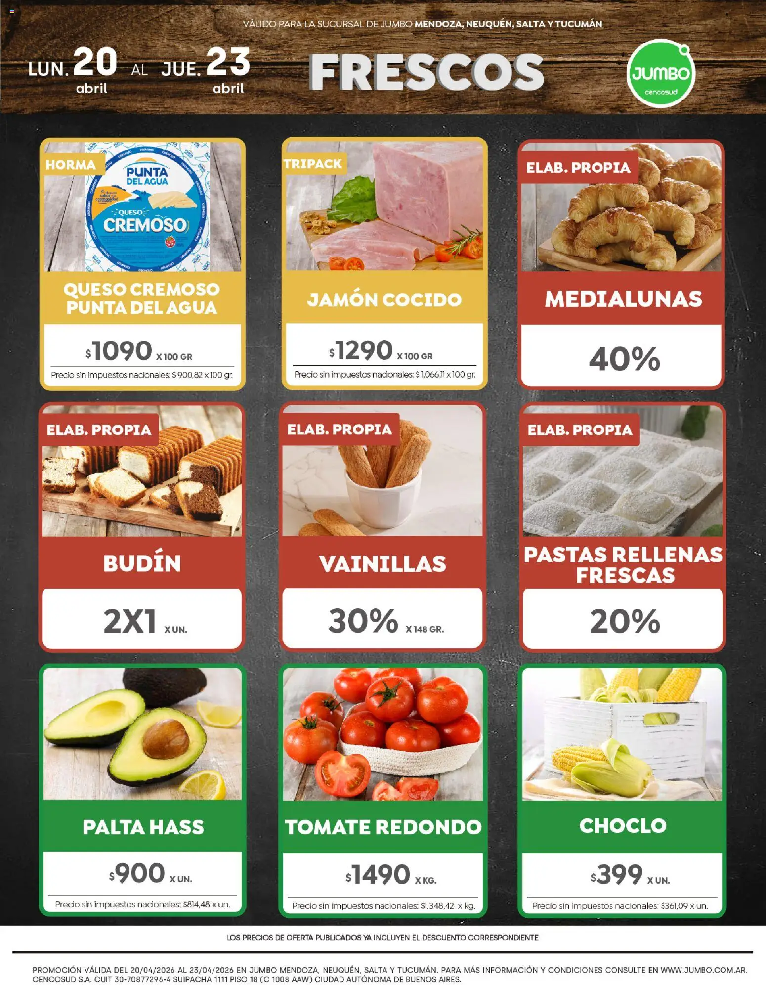 Vista previa del folleto de la tienda Jumbo válido desde el 20/04/2026 - Agua, Queso, Budín, Tomate, Palta, Choclo, Jamón cocido, Jamón