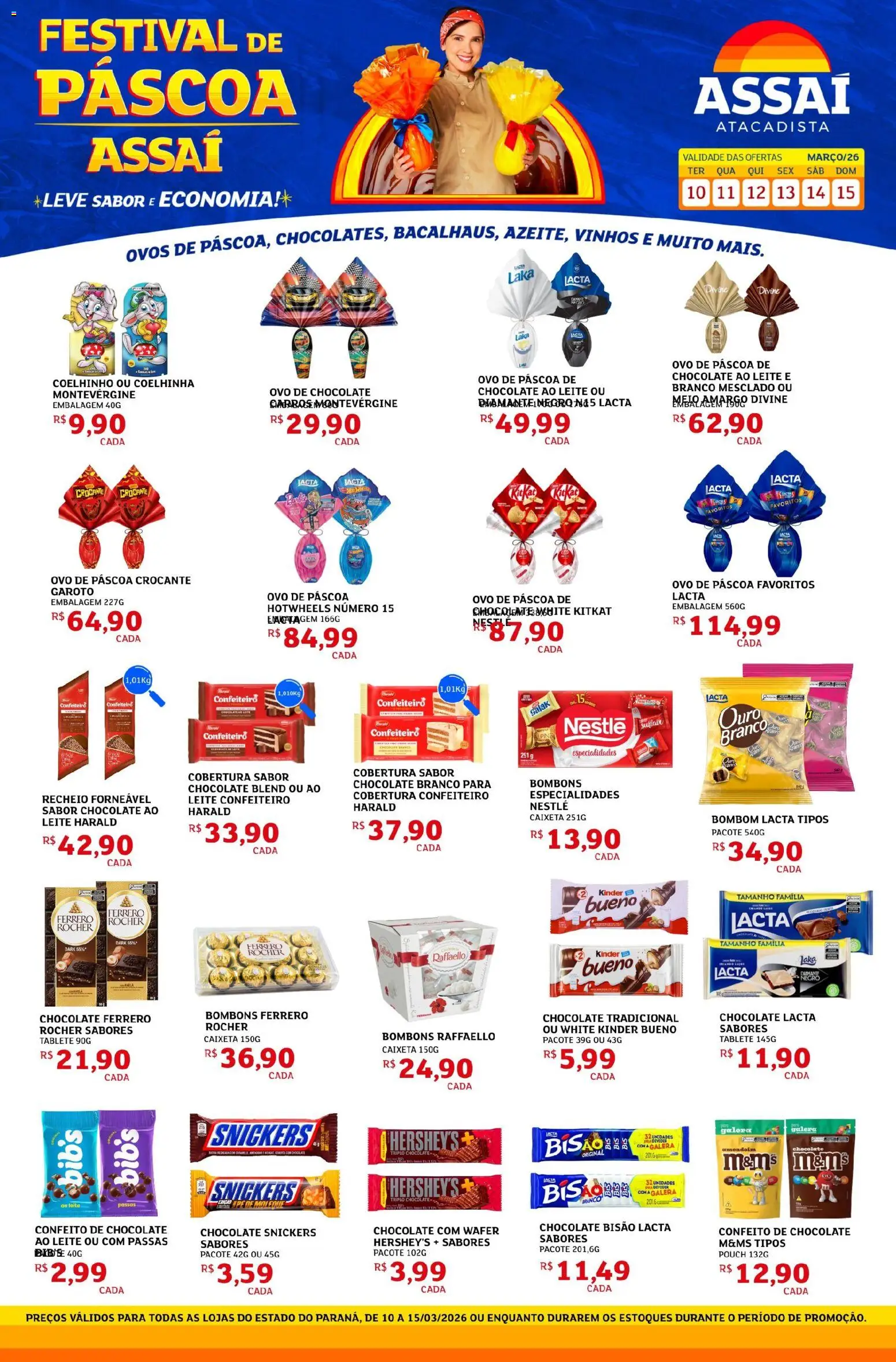 Pré-Visualização do folheto "Assaí Atacadista ofertas - PR" da loja Assaí Atacadista válido a partir de 10/03/2026 - Ovo de páscoa, Chocolate, Ovos, Bombom, Chocolate Snickers, Chocolate branco, Especialidades, Bombons Raffaello