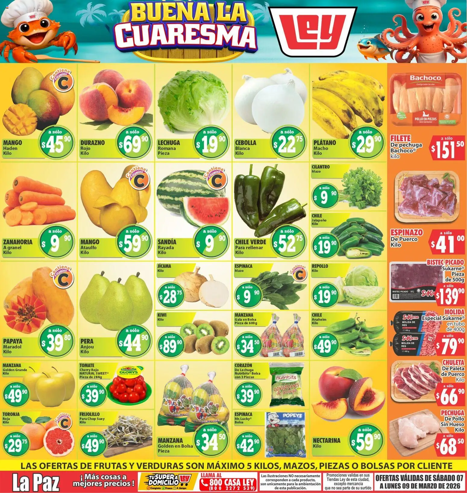 Vista previa las ofertas de la tienda Casa Ley - Casa Ley folleto Las ofertas de frutas y verdunas La Paz desde el 07/03/2026 - Manzana, Verduras, Chile, Kiwi, Zanahoria, Paleta, Chuleta, Filete