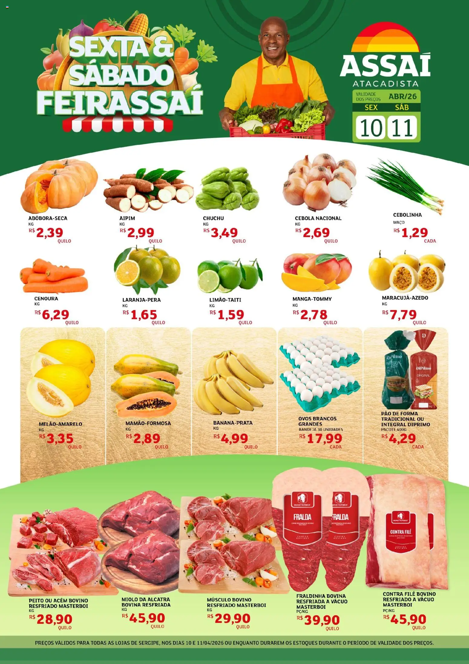 Pré-Visualização do folheto "Assaí Atacadista ofertas - SE" da loja Assaí Atacadista válido a partir de 10/04/2026 - Ovos, Chuchu, Cenoura, Fraldinha, Aipim, Alcatra, Contra filé, Acém