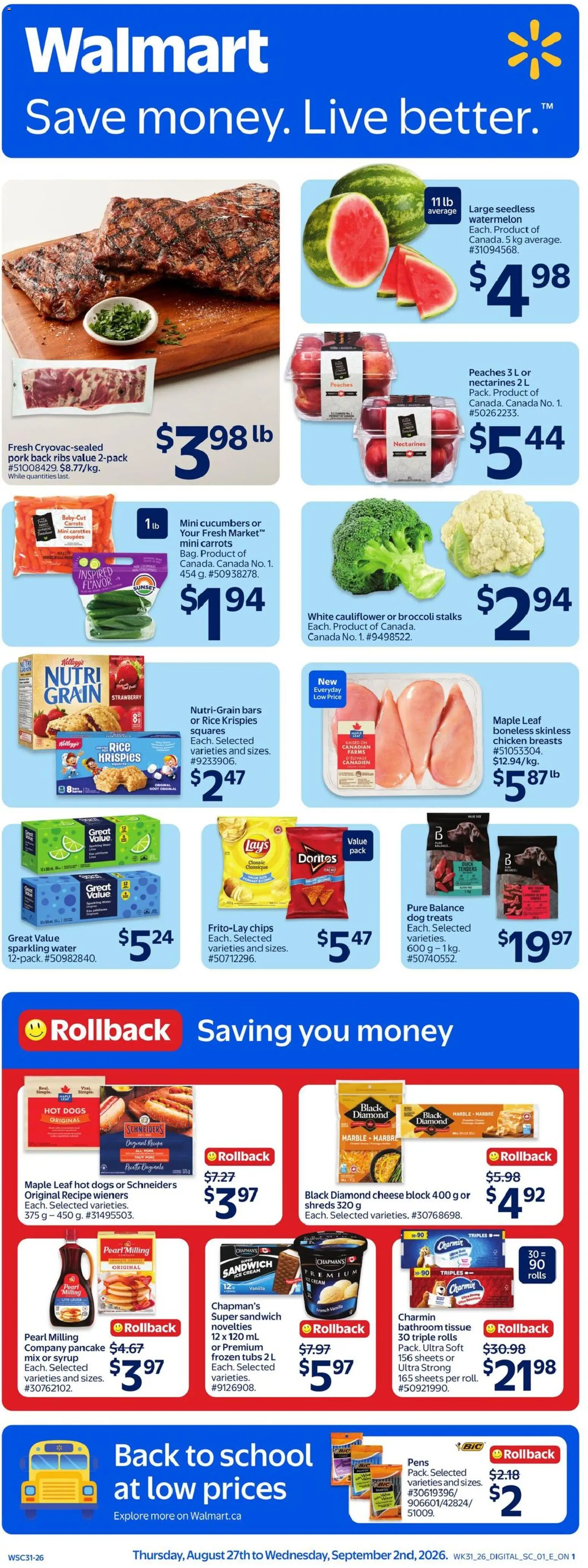 Preview of leaflet Walmart weekly flyer from shop Walmart is valid from Aug 27, 2026 - Ice cream, Ice, Watermelon, Cucumbers, Carrots, Pork, Nectarines, Syrup